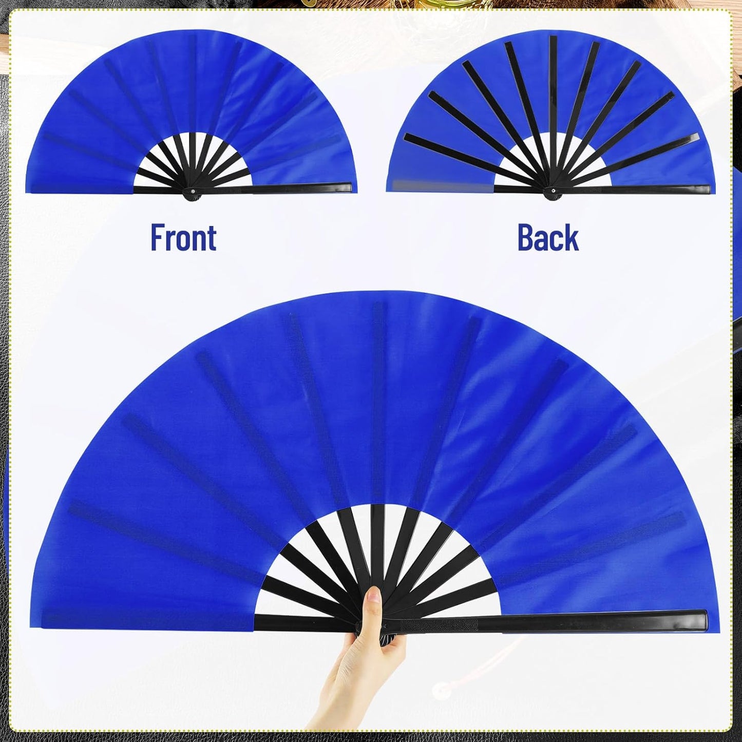 Maitys 2 Packs Large Clap Fans for Line Dancing Large Chinese Folding Hand Fans for Men and Women, Festival, Tai Ji, Kungfu, Martial Art, Gifts (White and Blue)