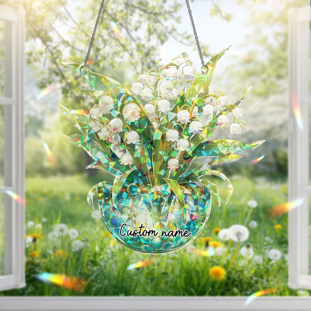 Lily of The Valley Acrylic Suncatcher – Stained Glass Ornament, Sun Catchers for Windows Hanging, Window Decor and Handmade Gift Idea, Gifts for Mom, Grandma, Nana, Plant Lovers