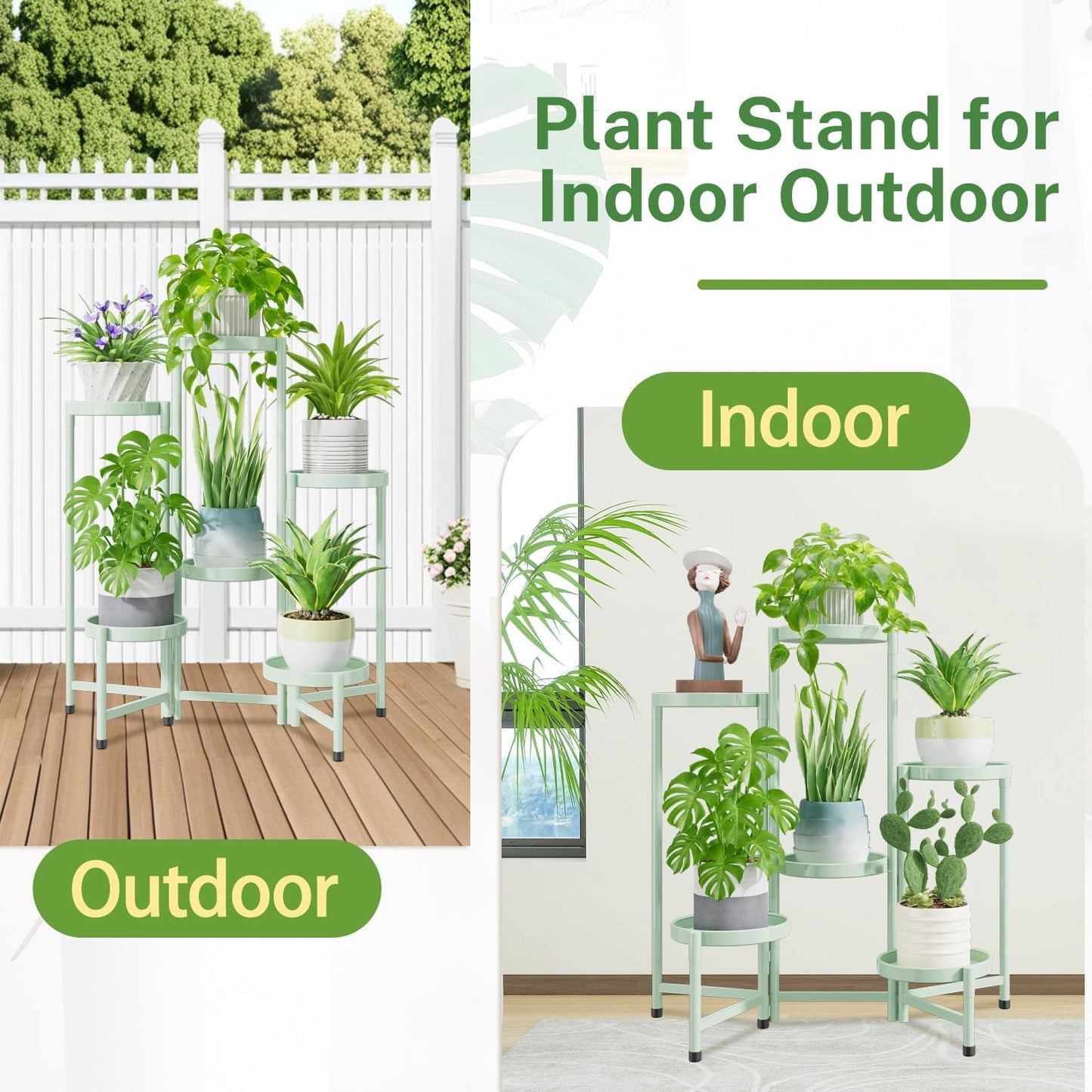 iDavosic.ly Plant Stand Indoor Outdoor, 6 Tier Corner Metal Flower Display Holder Shelf, Folding Tall Orchid Rack for Patio Balcony Porch Garden Living Room House, Light Green