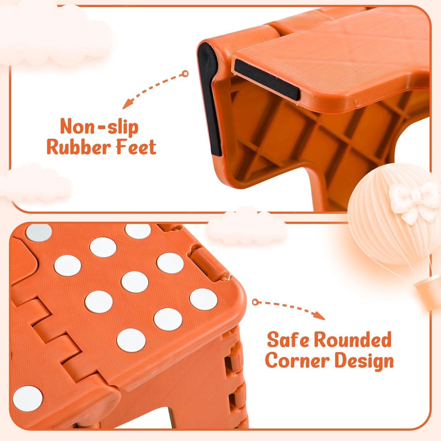 ACSTEP 9 Inch Folding Step Stool 300 LB Capacity Plastic Foldable Step Stools for Kids and Adults, Folding Stool Suitable for Kitchen, Stepping Stool with Handle Orange Small Step Stool 1PC