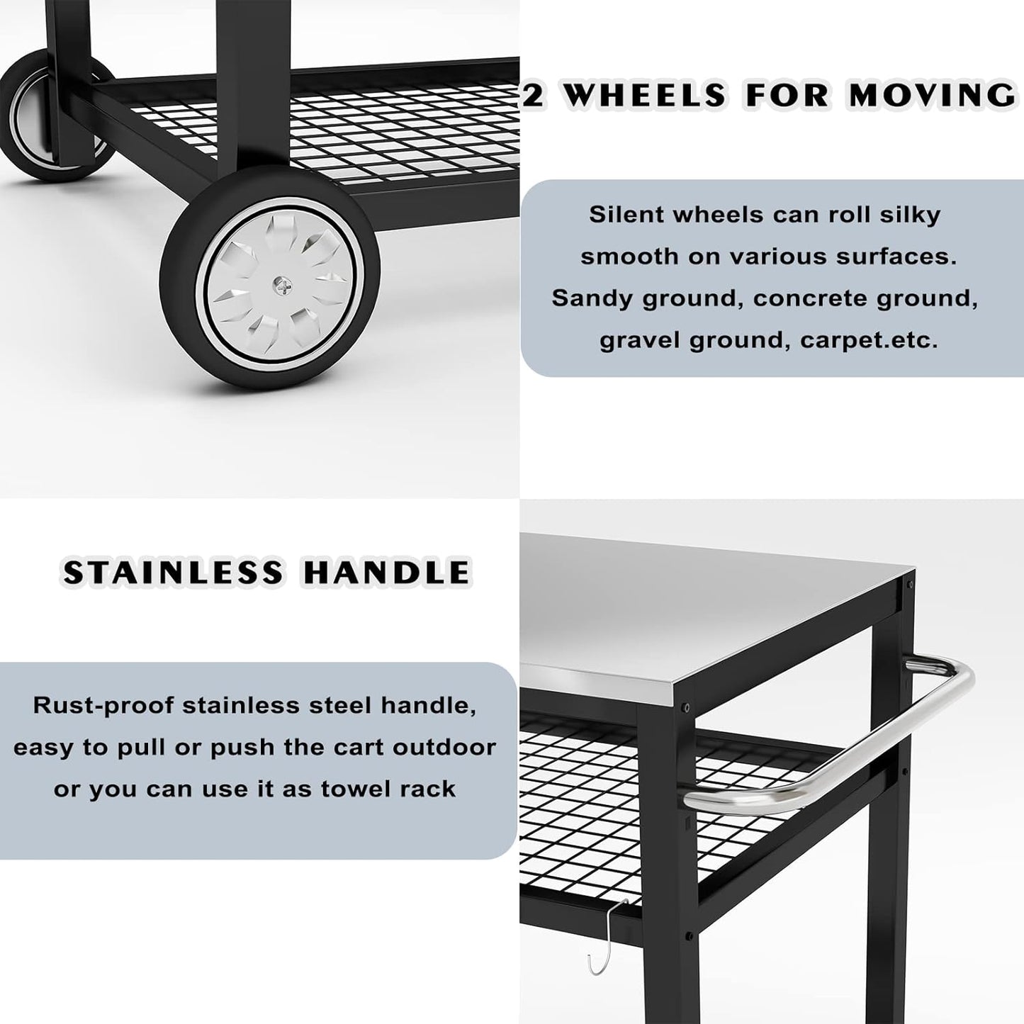 Movable Food Prep and Work Table Stainless Steel Grill Cart Modular Table with Wheels and Handle Double-Shelf Commercial Kitchen Tables Heavy Duty Pizza Oven Stand Outdoor