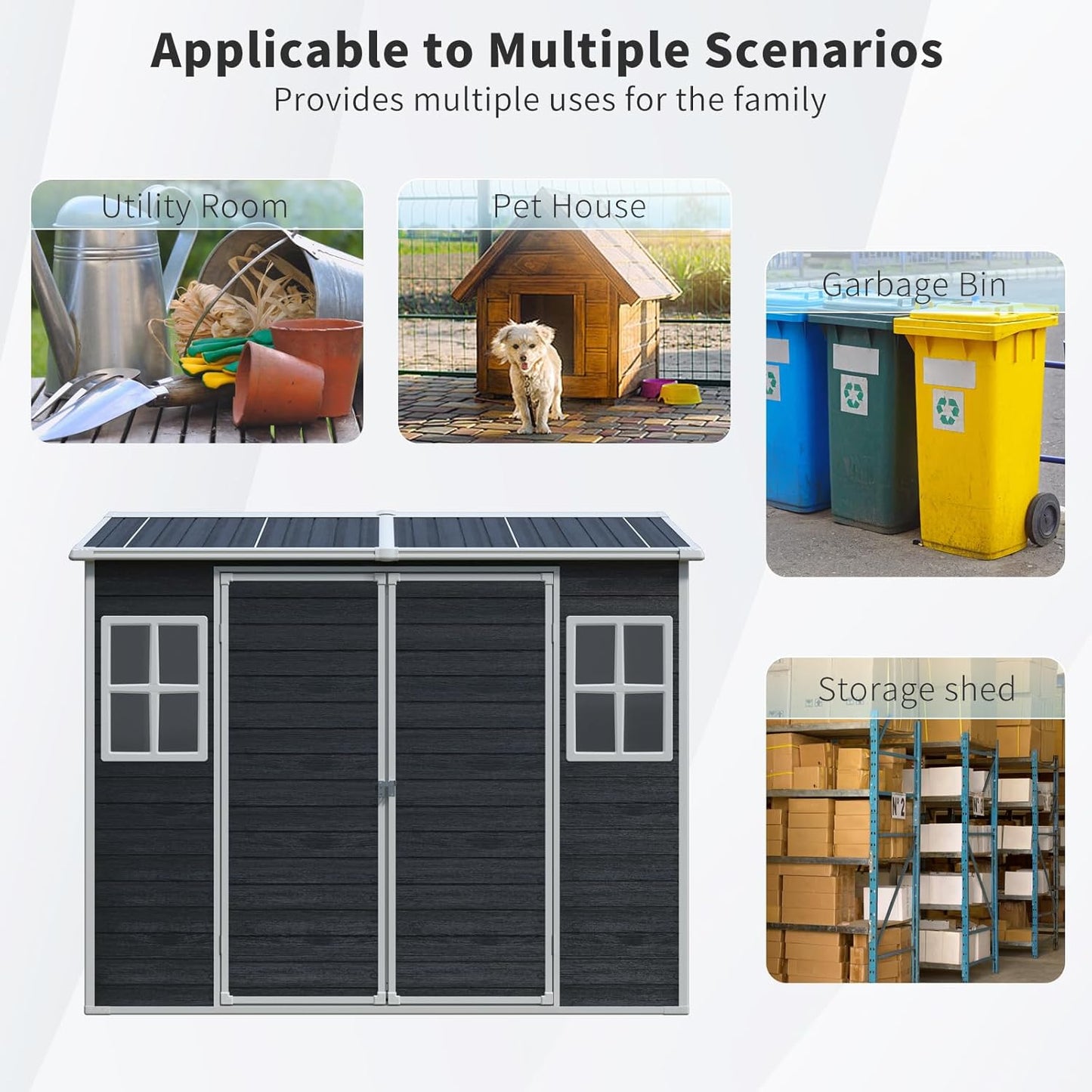 8x4 ft Outdoor Resin Storage Shed with Floor, Waterproof Plastic Garden Shed with Lockable Door and Two Windows, All-Weather Tool Sheds for Backyard, Patio, Lawn (Black)