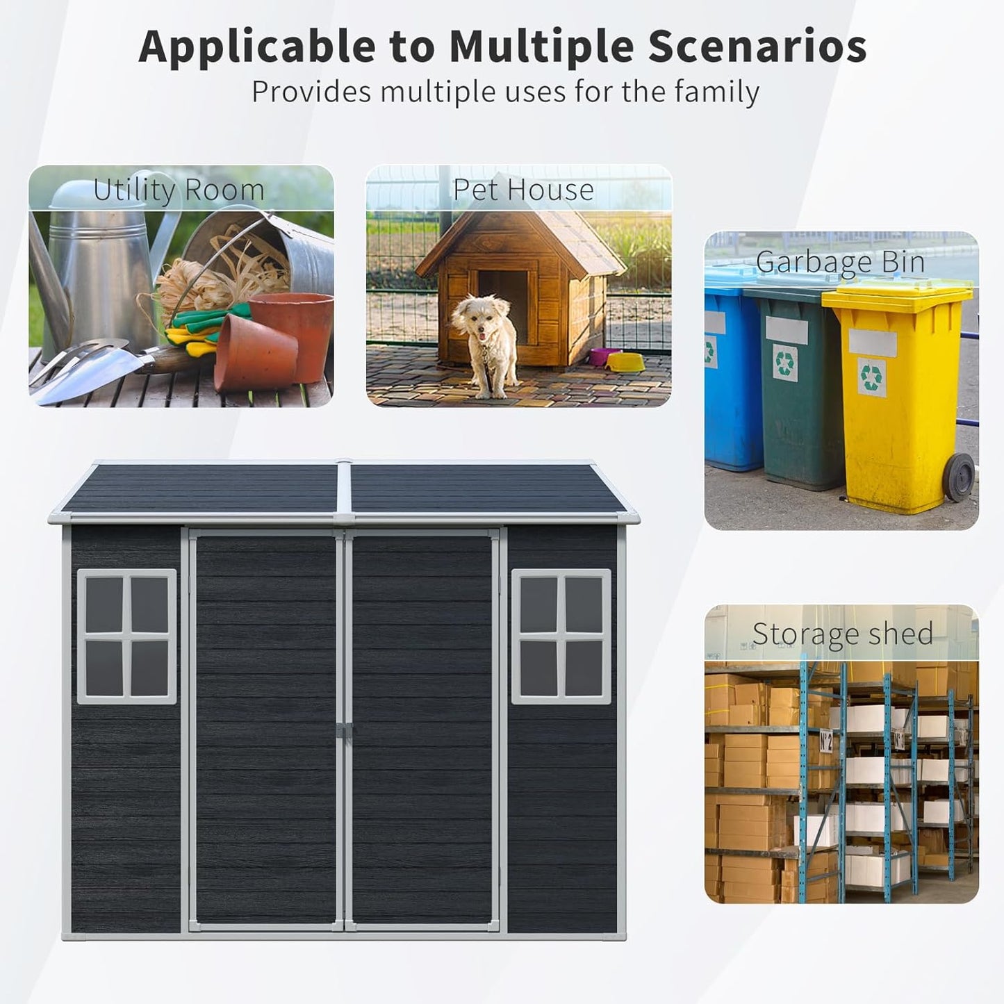 8x6 ft Outdoor Resin Storage Shed with Floor, Waterproof Plastic Garden Shed with Lockable Door and Two Windows, All-Weather Tool Sheds for Backyard, Patio, Lawn (Black)