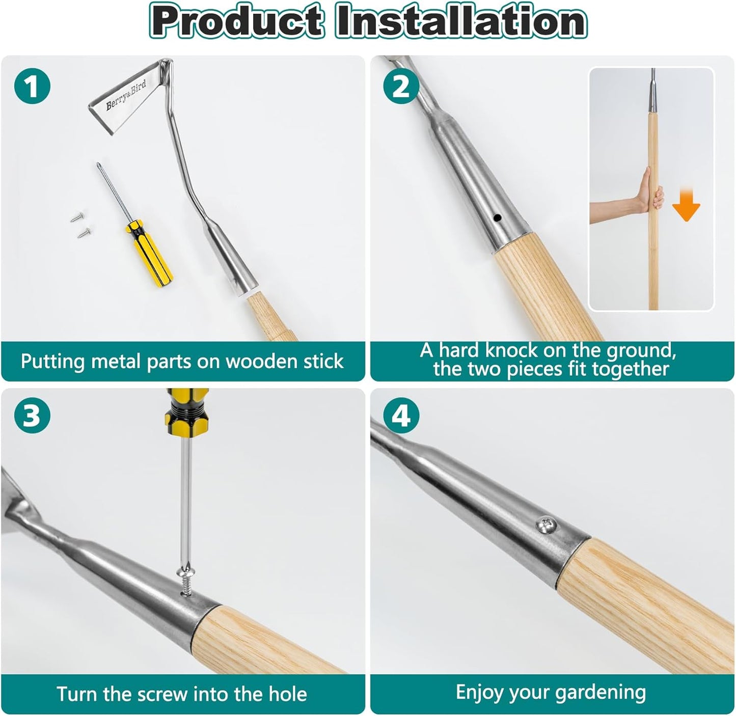 Berry&Bird Swoe Garden Hoe, 61.8'' Stainless Steel Long Handled 3 Edge Hoe with Wooden Hand, Mini Angled/Warren Hoe, Soil Cultivator Weeding Tool for Grass Flower Backyard