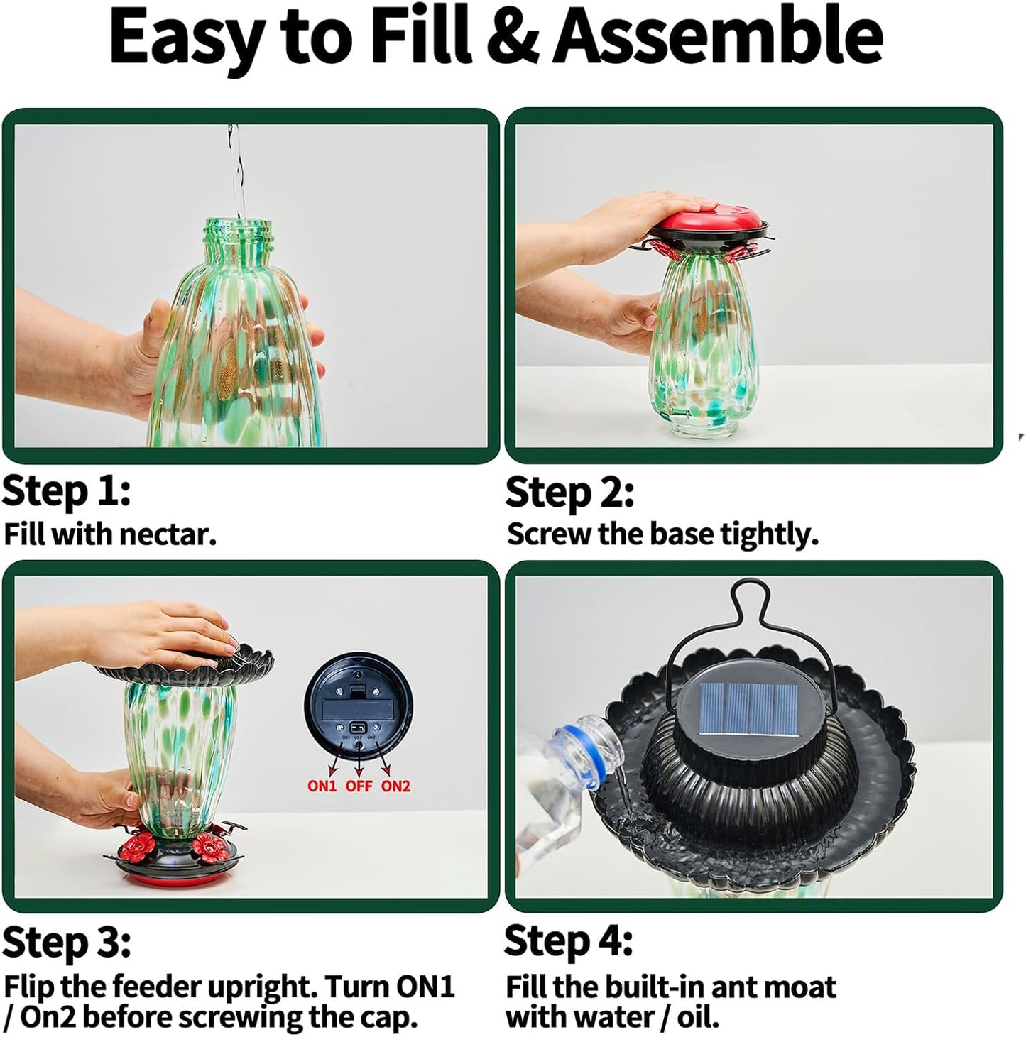 Muse Garden Solar Hummingbird Feeders for Outdoors Hanging, 38oz Hand Blown Glass Humming Bird Feeders for Garden Decor, Moms Birthday Unique, Green