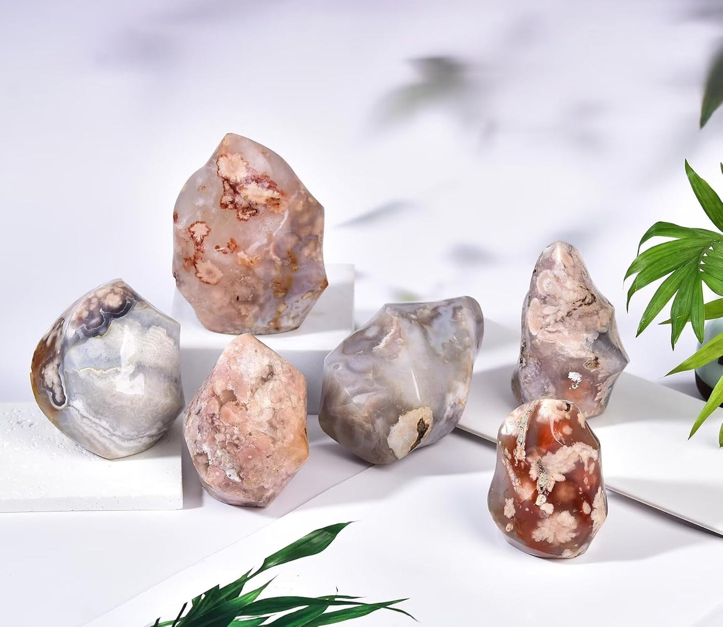 AMOYSTONE Cherry Blossom Agate Flame Shaped Stone Towers Obelisk Flower Agate Natural Healing Crystal Quartz Reiki Energy Decoration Home Office 1.0-1.5LBS