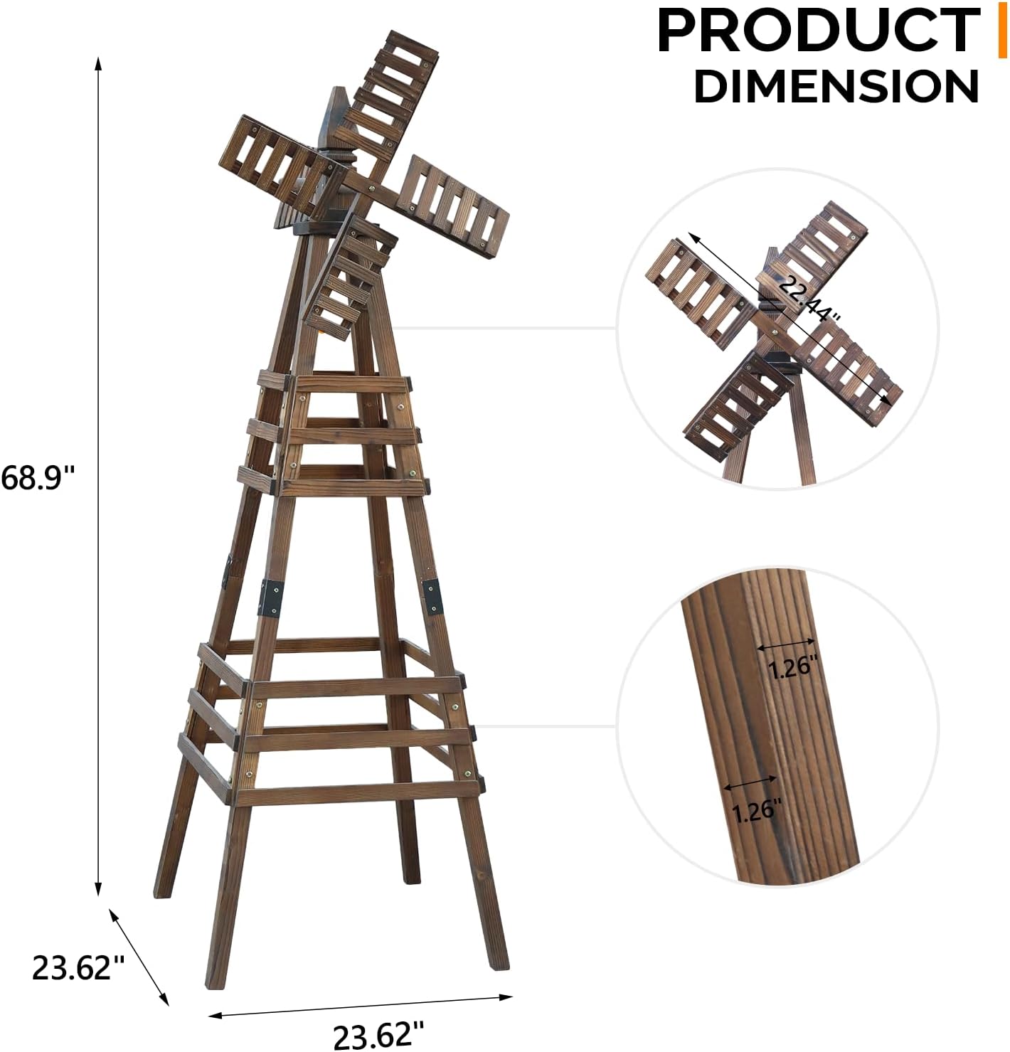 VINGLI Outdoor Yard Windmill, Wooden Wind Spinner for Garden Yard Lawn Patio Decoration (Carbonized Wood, Medium)