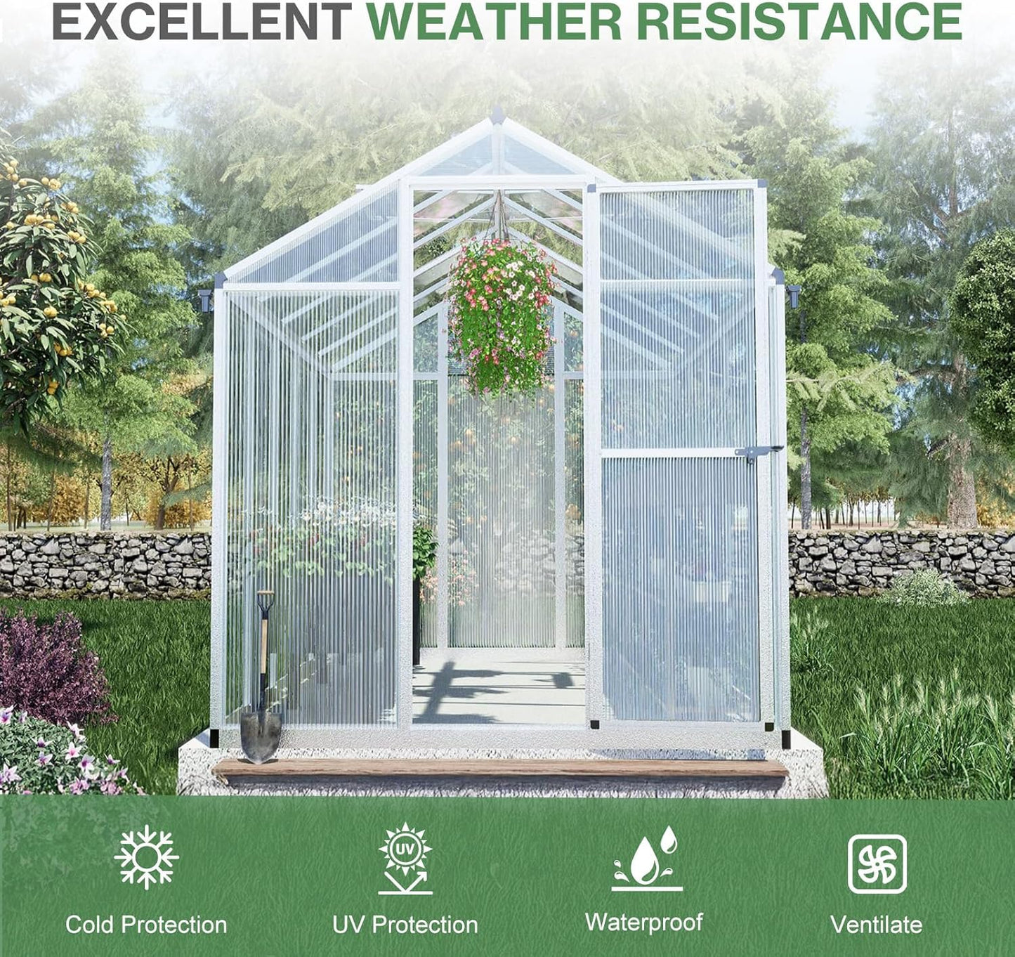 Aoodor 6 x 10 Ft Walk-in Greenhouse with Gutter, Polycarbonate and Heavy-Duty Aluminum Frame, Adjustment Skylight and Lockable 2-Sided Door for Patio, Outdoor, Yard, Lawn Use, Silver