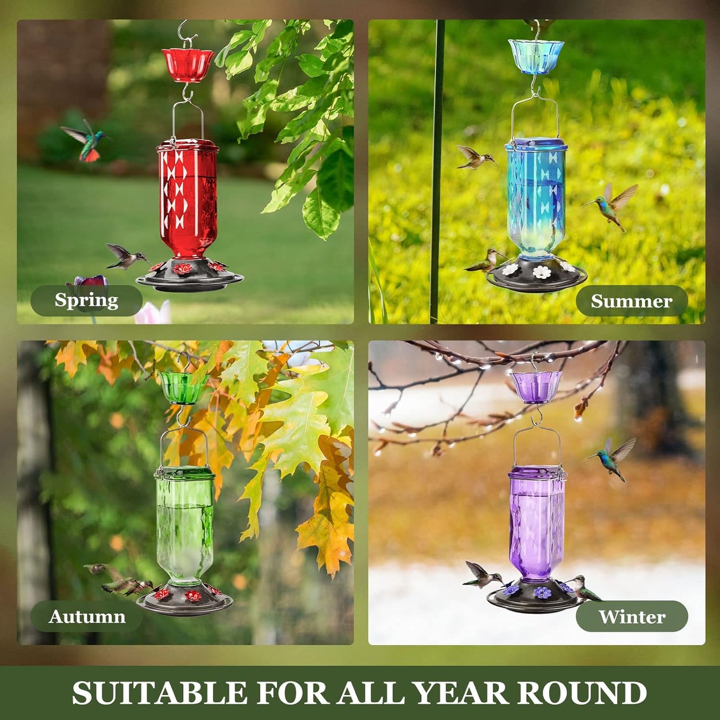 Kingsyard 2 Pack Glass Hummingbird Feeder for Outdoor Hanging, 24 Ounces, 6 Feeding Ports, Bird Nectar Feeder for Garden Décor, Ant Moat Included, Red