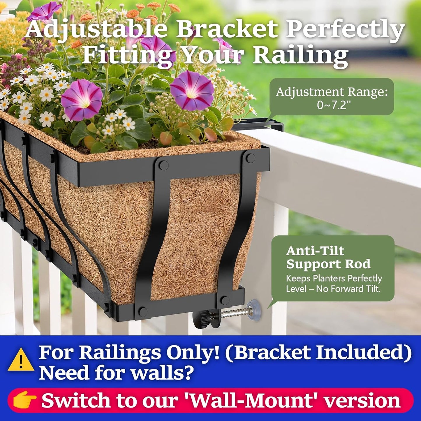 Railing Planter Boxes, Heavy Duty Window Box Planters, Adjustable Balcony Planters for Railing Hanging, with Coco Liner & Support Rod for Deck, Porch, and Patio Gardening (2 Pack, 24 Inch)