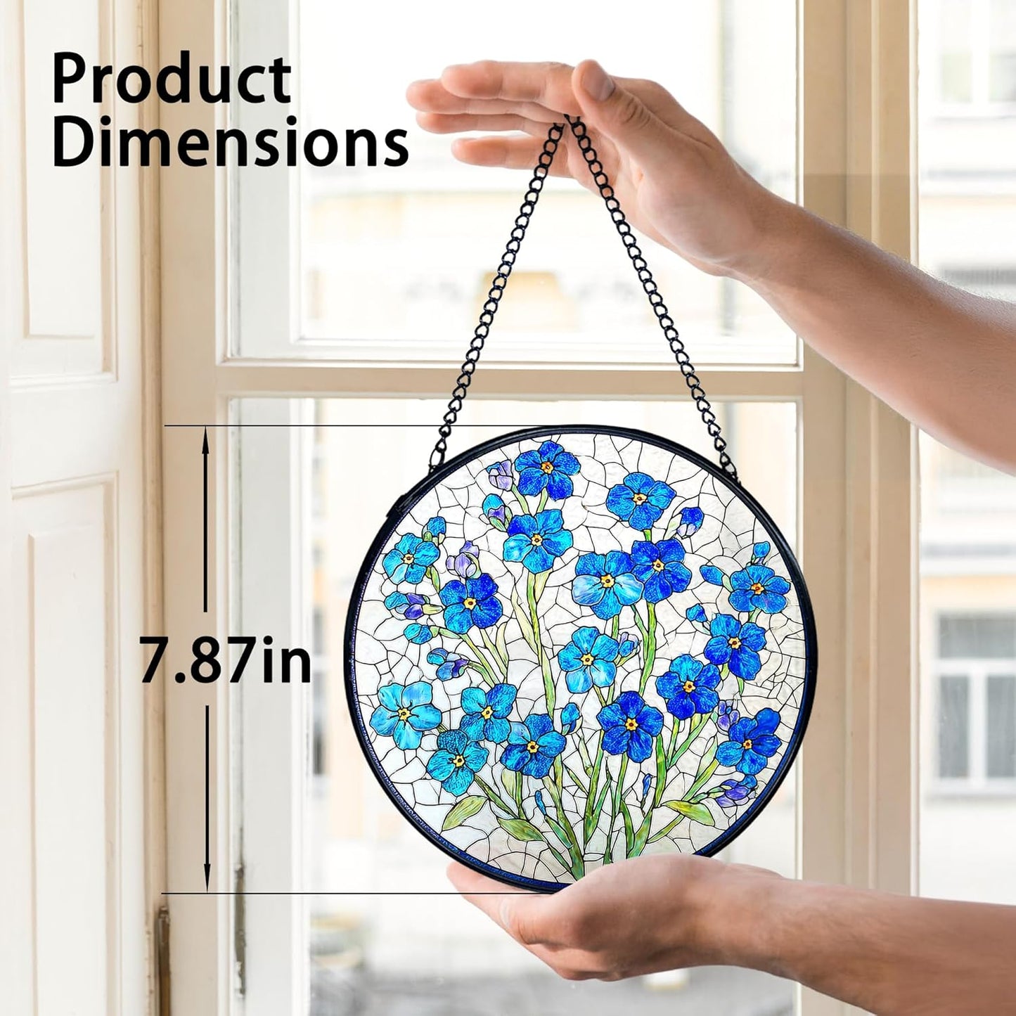 TNUW Blue Forget Me Not Flower Stained Glass Window Hanging, Blue Floral Sun Catchers Indoor Window Glass Round Wall Art Decor, Floral Botanical Wall Hanging Decorations, 7.9"x7.9"