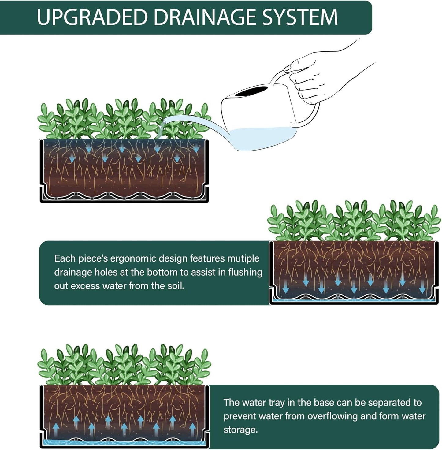 D'vine Dev 12 Inch Window Box Planter, Rectangle Plastic Herb Planter with Drainage Holes and Saucer, Indoor Succulent Cactus Vegetable Pot for Windowsill, Garden Balcony, Black, Set of 2, 76-X-B-2