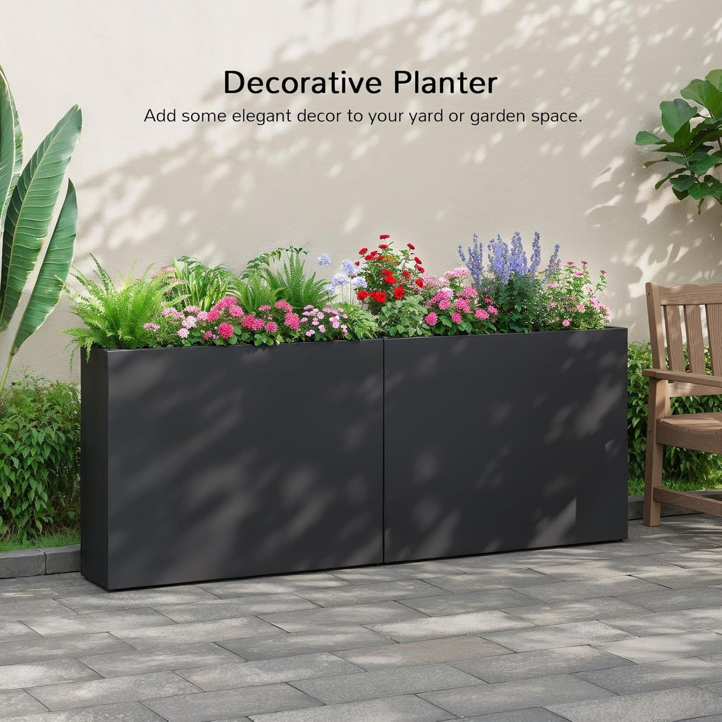 Stoog 38" Metal Tall Rectangular Planters Set of 2 - All-Weather Planter Box for Indoor/Outdoor Use, with Removable Insert Shelf, for Plants, Flowers, Garden, Black