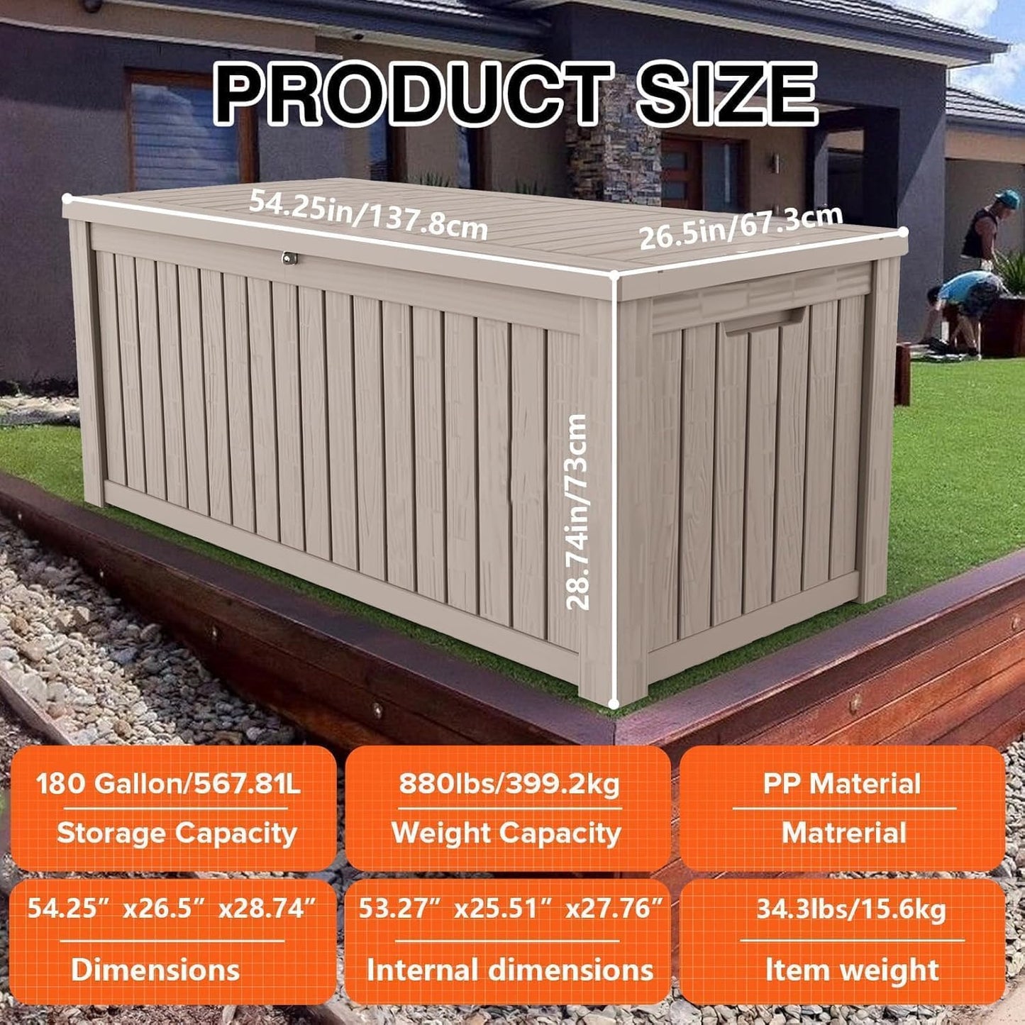 180 Gallon Outdoor Storage Deck Box - Large Waterproof Resin Bin for Delivery Boxes Outside, Lockable Storage for Patio/Pool Cushions & Tools, UV-Resistant, Granite Grey