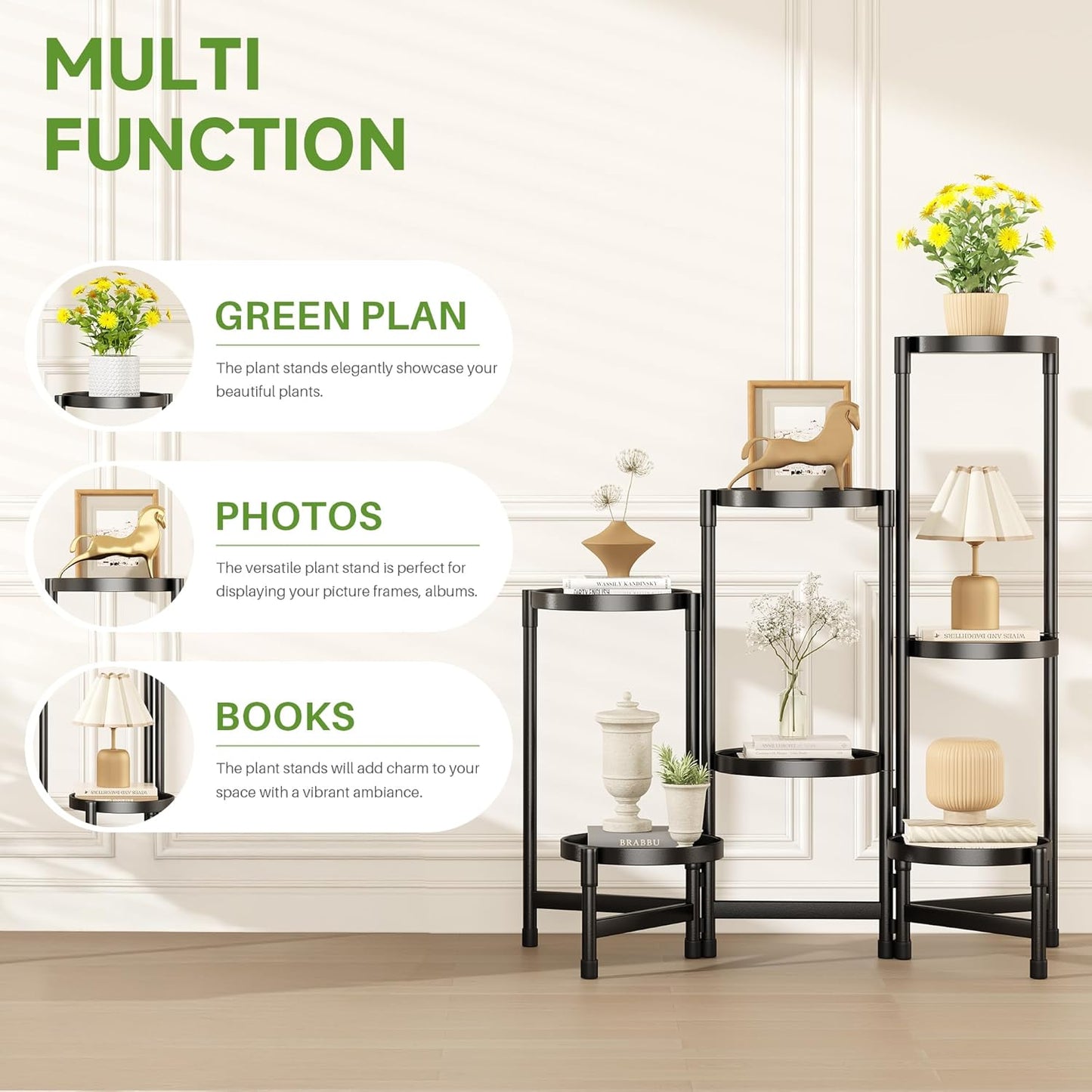 7 Tier Metal Plant Stand Indoor, Foldable Corner Plant Stands Outdoor, Rotatable Tiered Plant Stand, 32 Inch Tall Plant Shelf for Patio Living Room Balcony Garden Home - Black