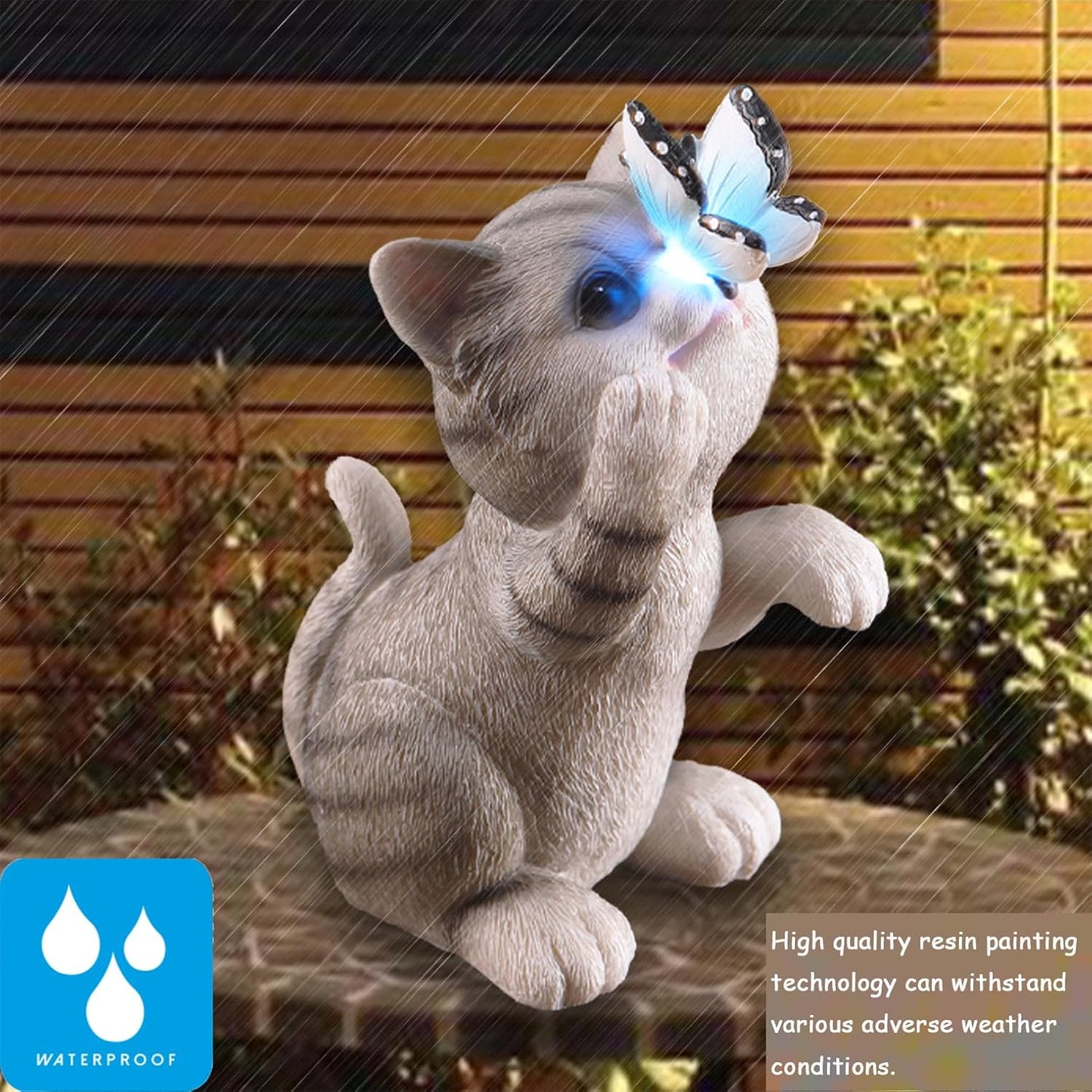 Cat Garden Statue Outdoor Solar Decorations Butterfly Light Figurine Color Changing LED Lights Resin Sculpture Art Decor Patio Lawn Yard Housewarming Gifts for Women Grandma Mom