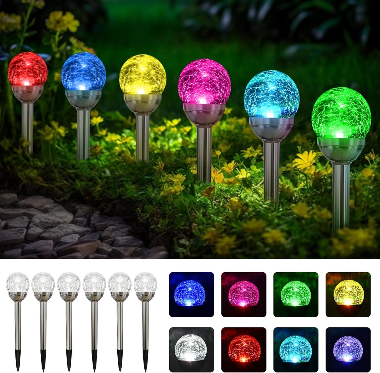 SOLPEX Solar Garden Lights Outdoor, 6 Pack Multi-Color Changing&White 2 Modes Solar Powered Glass Ball Garden Lights, Waterproof for Patio Decoration