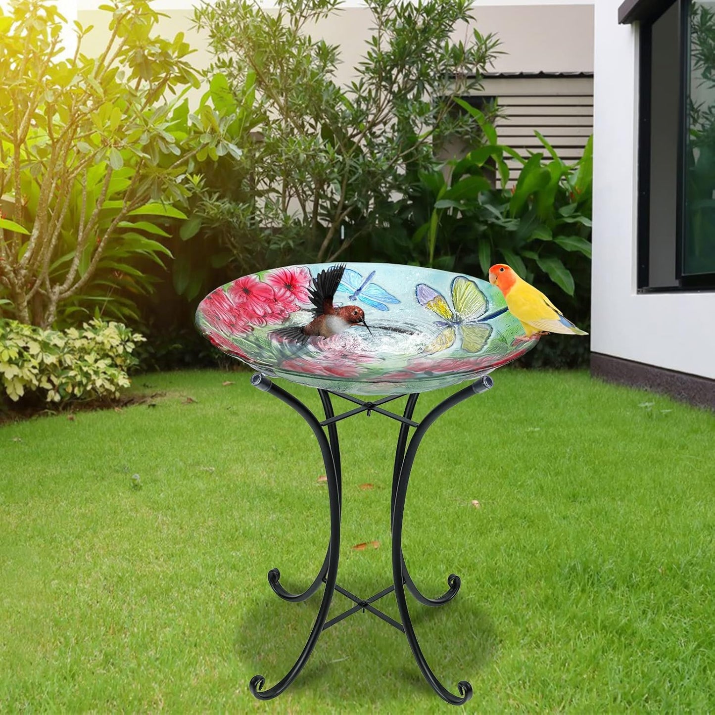 MUMTOP Bird Bath-Bird Baths for Outdoors - Dragonfly Large Bird Bath Bowl with Metal Stand, Glass BirdBaths for The Garden Lawn Yard Decor