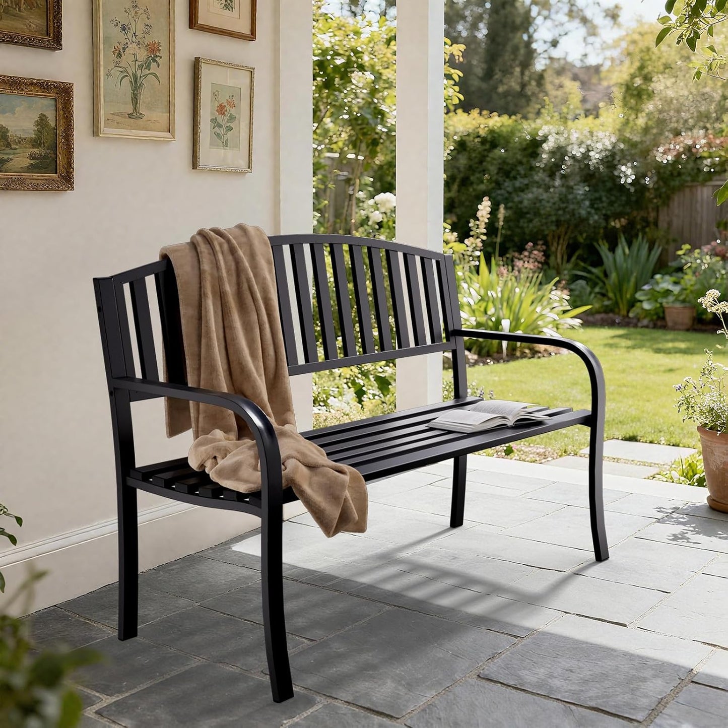 50'' Outdoor Garden Bench, Weatherproof Wrought Iron Metal Patio Bench with Mesh Pattern Backrest, for Front Porch, Park, Yard, Gardens