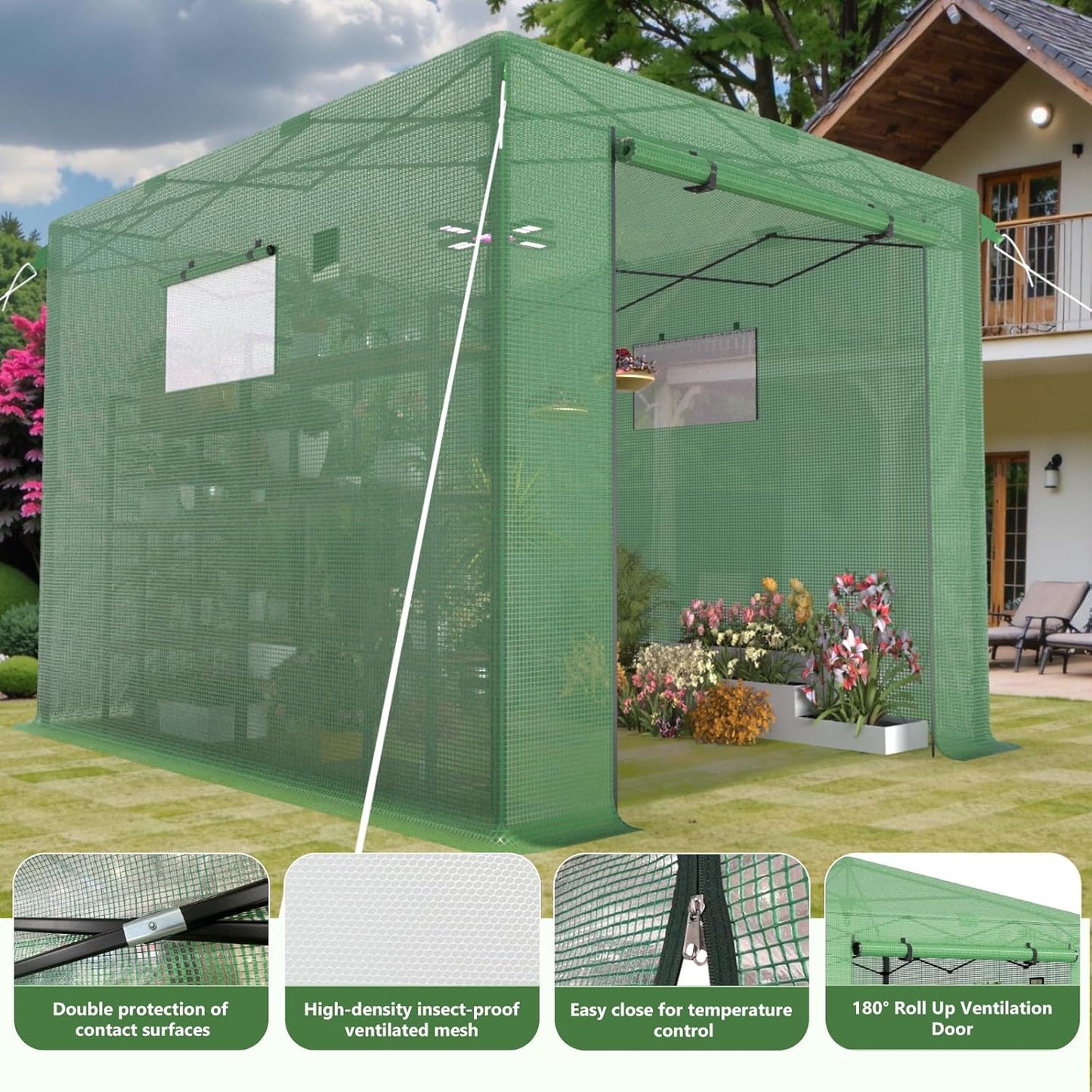 8X12 FT Pop Up Greenhouse,Greenhouse for Outdoors, Portable Walk-in Greenhouses with Roll-Up Zipper Door, PE Cover Greenhouses for Garden and Backyard, Easy Setup