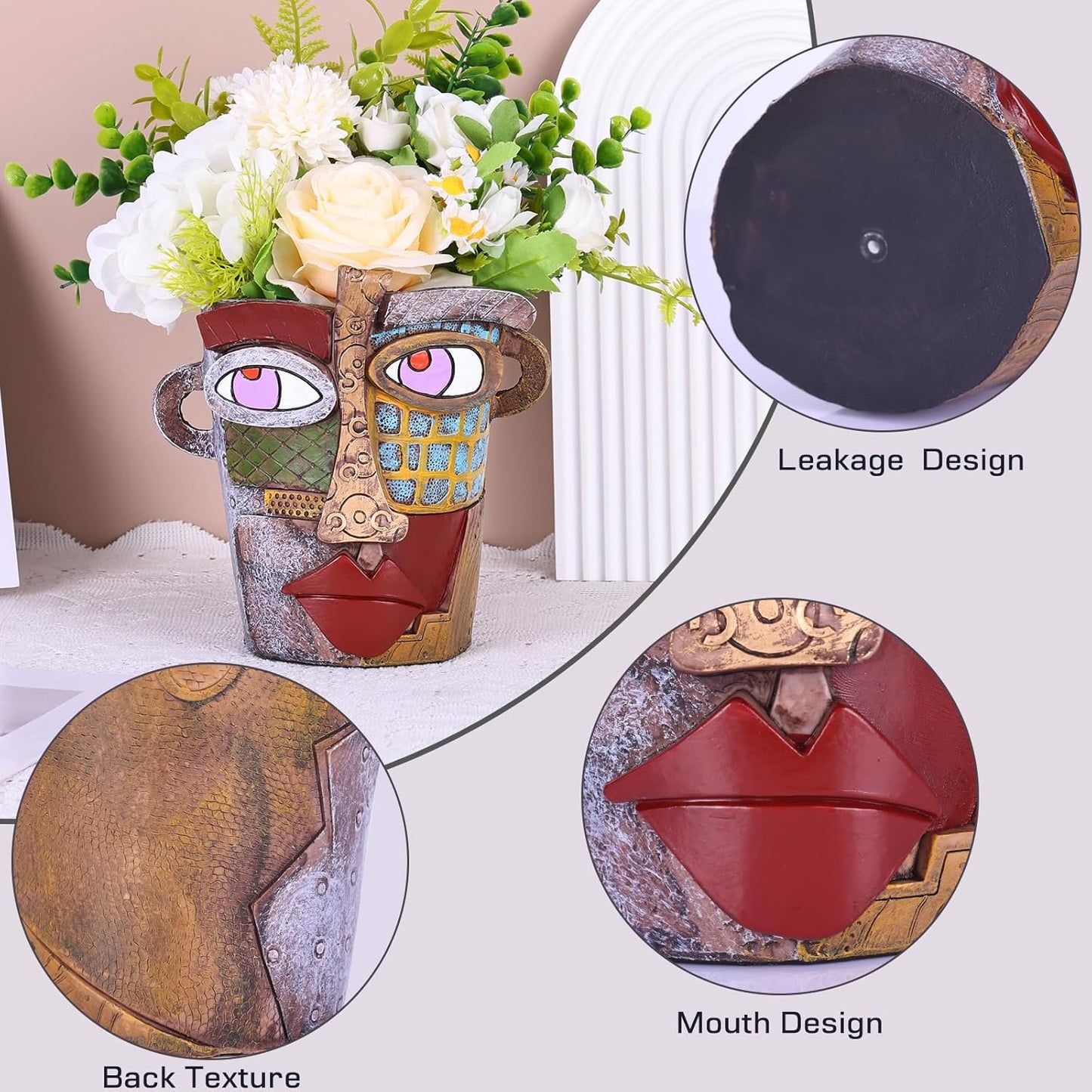 Large Flower Pots Colorful Face Planters Head Planter, Modern Abstract Funky Plant Pots Indoor&outdoor Garden Plant Ornament Show Pieces, Cute Eclectic Flower Planters Pots for Shelf Centerpieces
