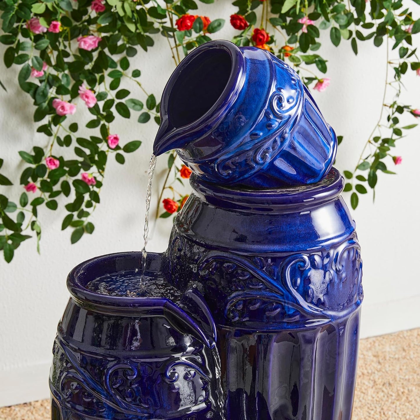 Glitzhome 35.5" H Oversized Outdoor Water Fountain with LED Lights and Pump, 4 Tier Cobalt Blue Embossed Pattern Ceramic Pots Cascading Floor Standing Fountain for Porch Deck Garden Patio Backyard