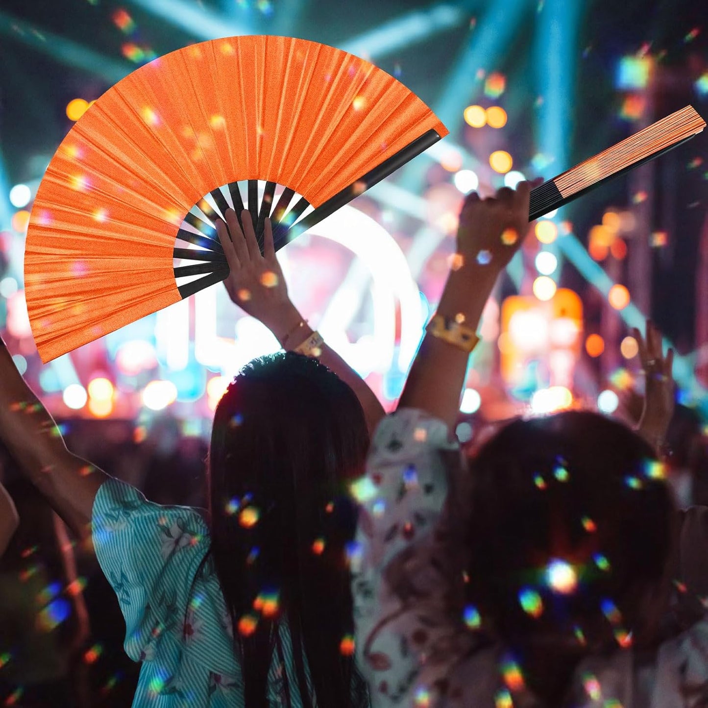 Maitys 2 Packs Large Clap Fans for Line Dancing Large Chinese Folding Hand Fans for Men and Women, Festival, Tai Ji, Kungfu, Martial Art, Gifts (Glitter Orange)