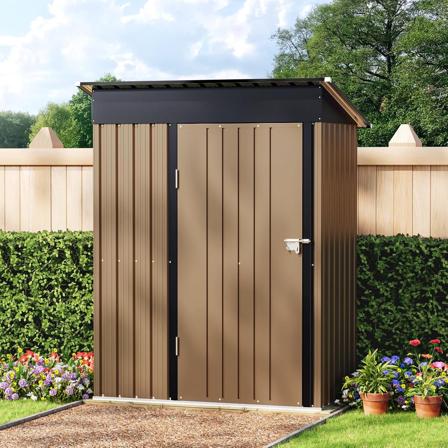 5X3FT Outdoor Steel Storage Shed with Lockable Doors, One Window,Ideal for Garden, Backyard, Patio Storage,Brown