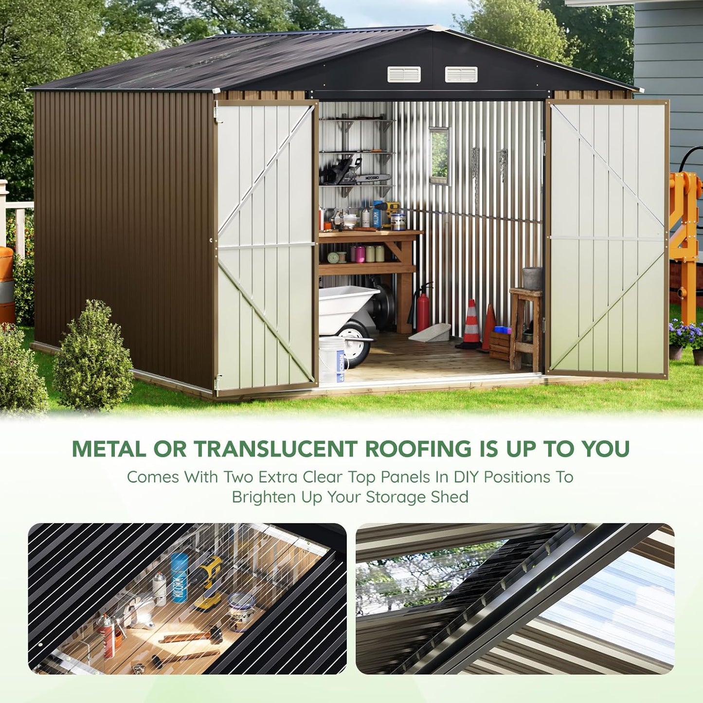 10X12X7.5 FT Outdoor Steel Storage Shed with Lockable Doors, 2 Windows, Transparent Roof Panels, Metal Frame Floor (Wood Panels Not Included), Ideal for Backyard, Patio Storage,Chicken Coop,Brown