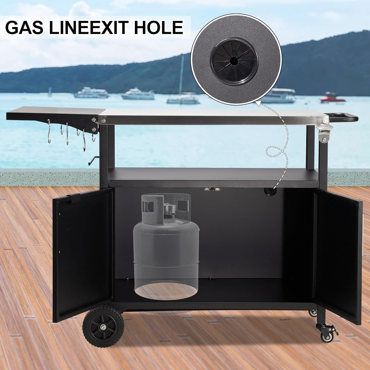 Spurgehom Outdoor Grill Cart, Pizza Oven Stand Table with Stainless Steel Top Movable Kitchen Cooking Prep Table BBQ Cart Kitchen Prep