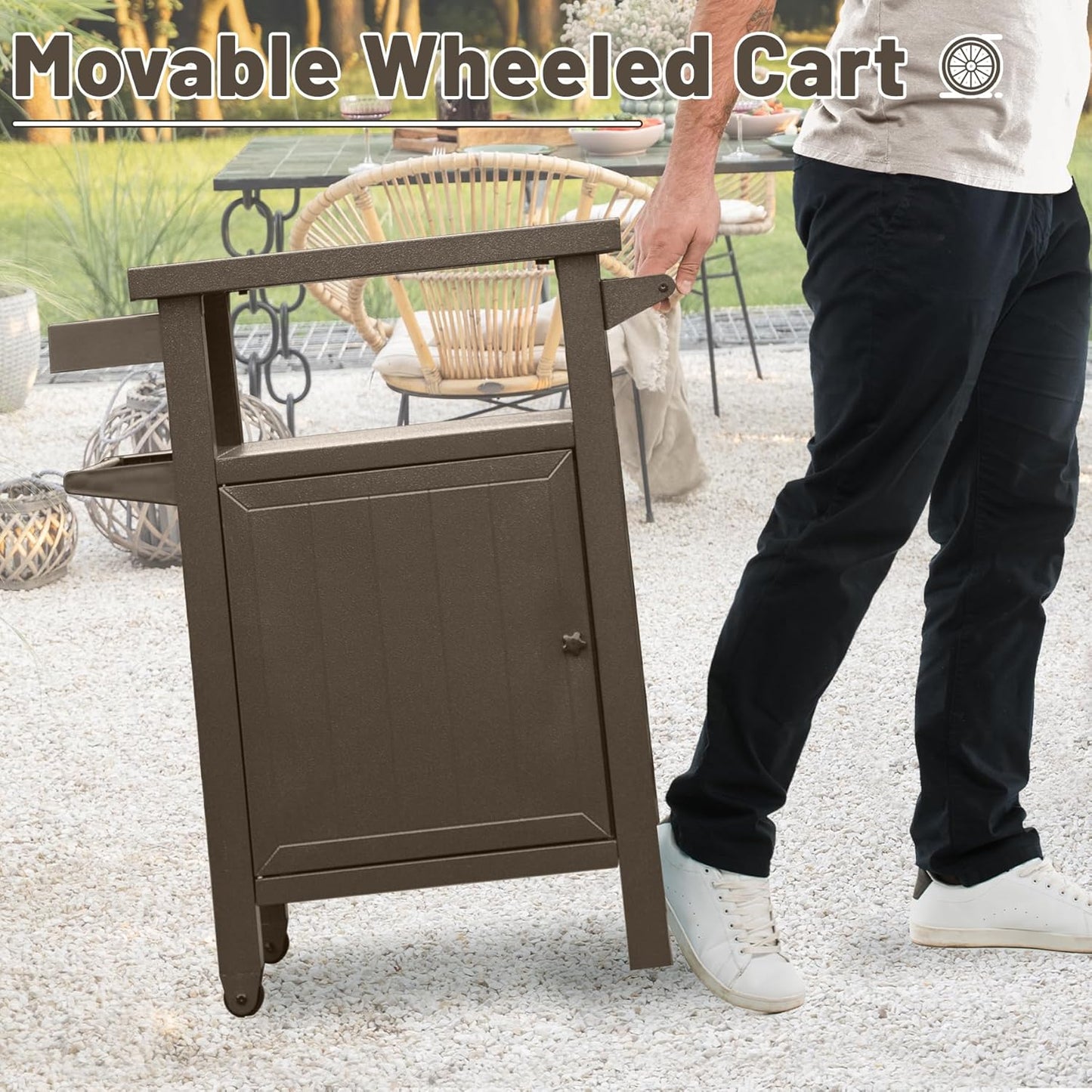Grill Cart Outdoor with Storage Cabinet, Portable Rolling Patio Bar Cart with Wheels, BBQ Prep Table, Movable Stainless Steel Kitchen Island Dining Cart for Food/Drink/Cooking -Brown