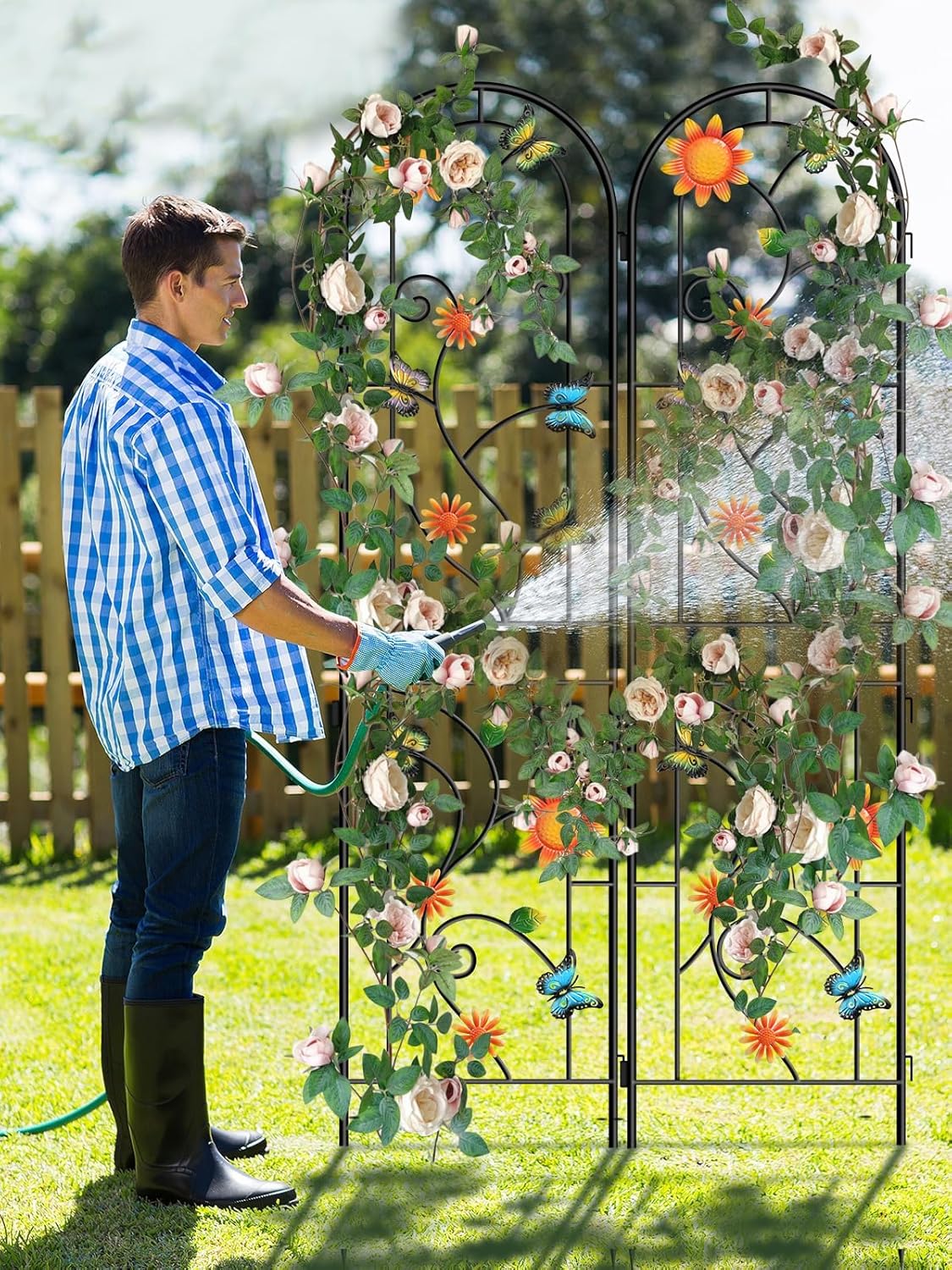 87 Inch Metal Garden Trellis for Climbing Plants, Kalolary 4 Pack Colorful Butterfly Plant Trellis Support Decoration Arched Fence Trellis Outdoor for Patio Lawn Garden Yard Backyard Wall