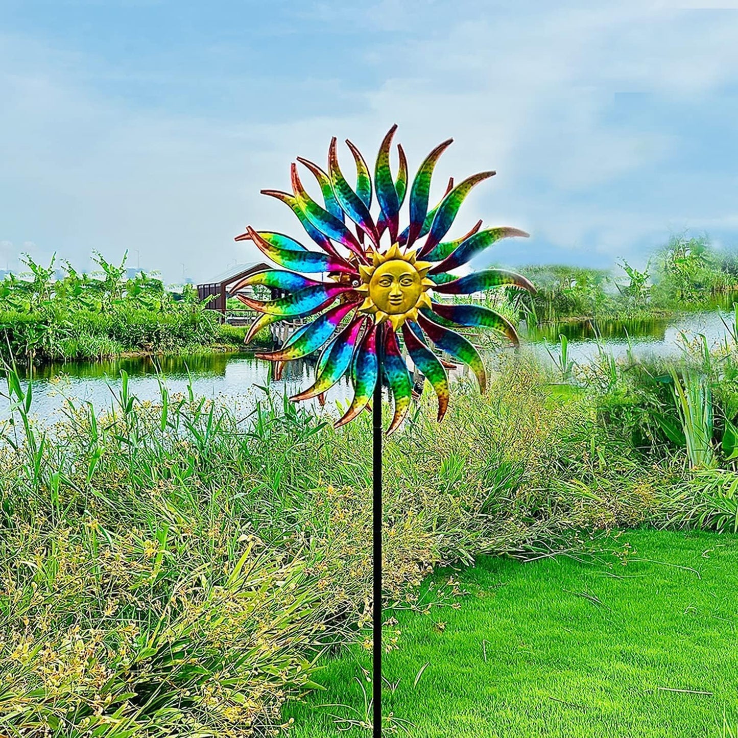 75" Multi-Color Wind Spinners Outdoor Metal Sun Wind Sculptures for Garden, Patio, Yard, Lawn Decorations Double Windmill Spinne