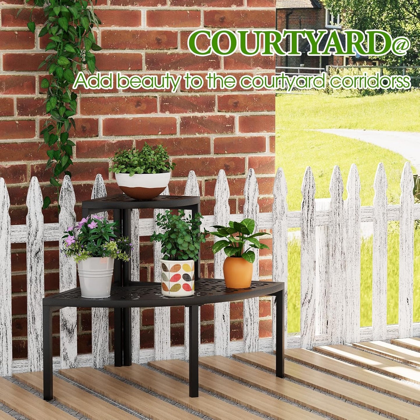 aboxoo 2 Tier Plant Stand Flower Pot Rack for Patio,Metal Stair-Step Style Corner Shelf Planters,Hevay Duty Plant Stand,Quarter Round Display Holder for Indoor Outdoor Use(Black)