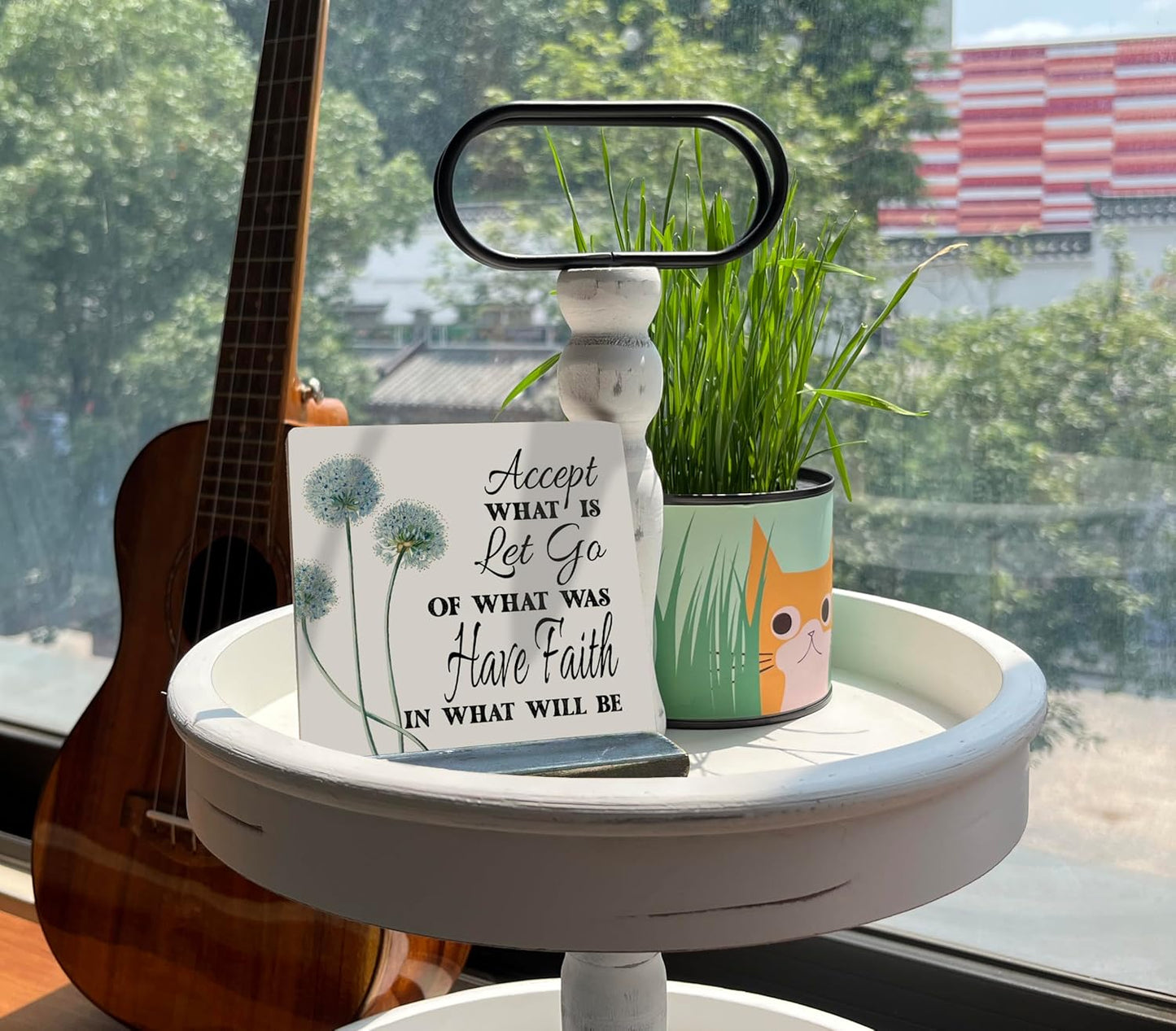 Primitive Wooden Sign, Accept What is Let Go of What Was Have Faith in What Will Be, Desk Plaque with Wooden Stand 4 x 4.3 inches, Inspirational Farmhouse Decor, Home Decor, Mindset Gifts, A