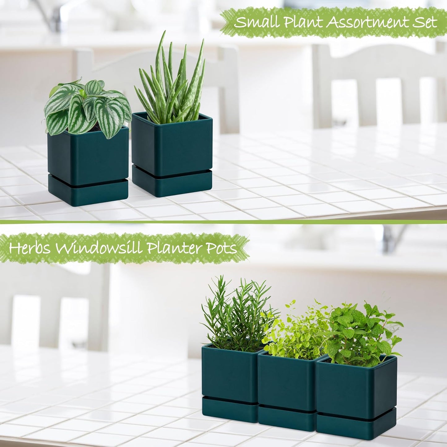 4 Inch Herb Planter Pot, Plastic Planter with Drainage Holes and Saucer, Modern Decorative Gardening Pot for Indoor Plants, Flowers, Herbs, Succulents, Green, Set of 3, 76-Y-C-3