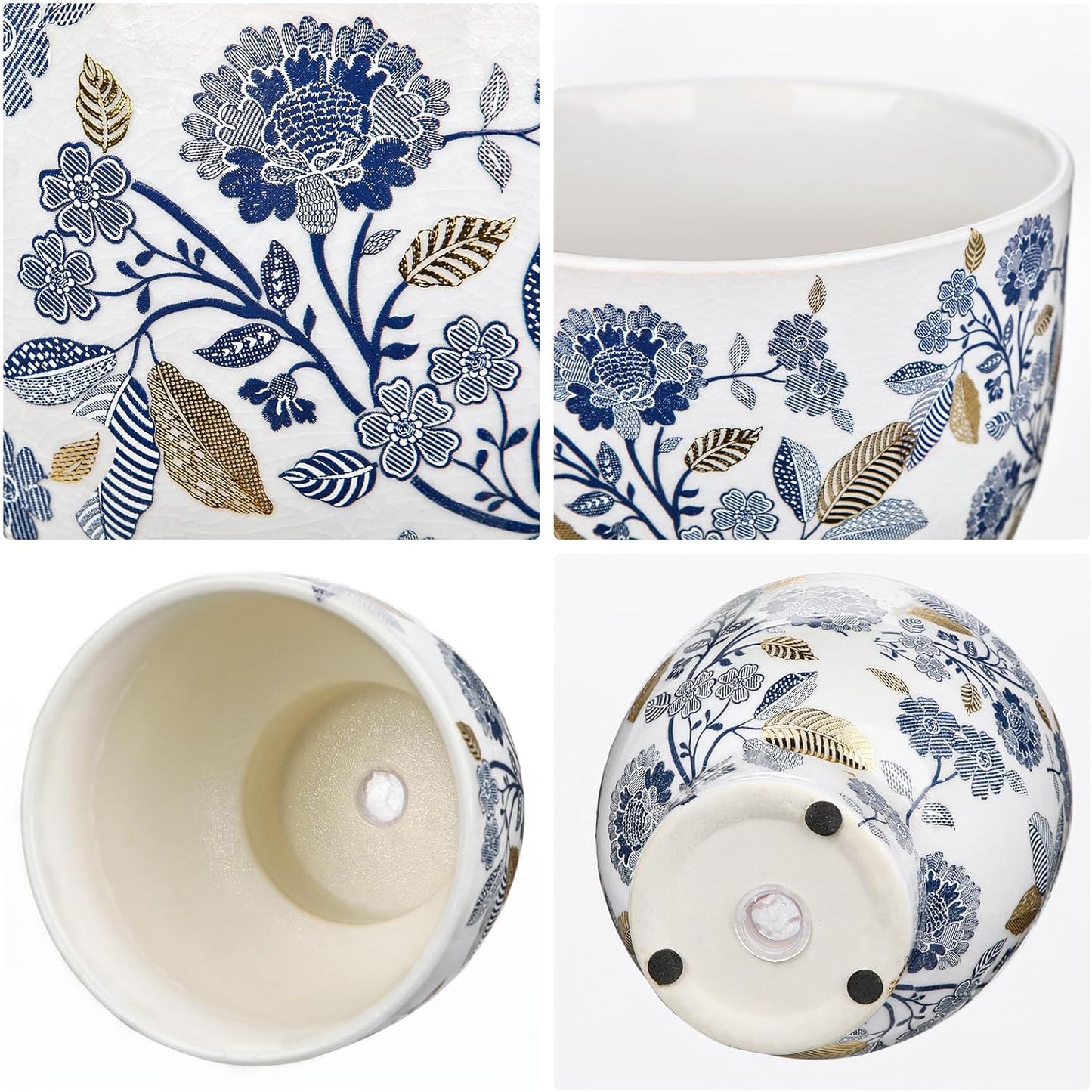 5.5 Inch Decorative Flower Pots, Blue and White Plant Pot Gold Accent Ceramic Planters for Indoor Plants Pots with Drainage Retro Planter Pot for Succulents Cactus Herb Snake Plants Outdoor Garden