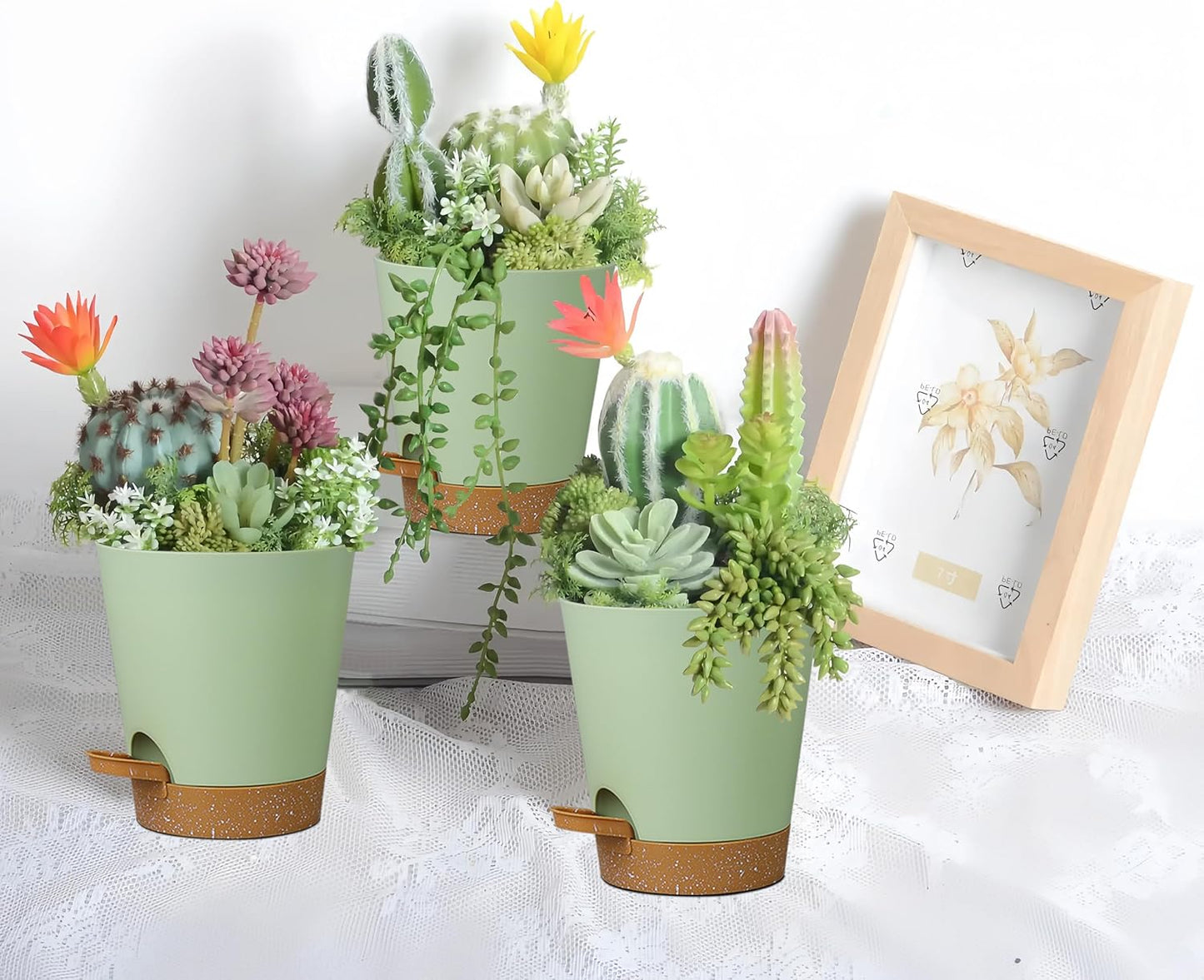 12 Pack 4 Inch Self Watering Plant Pots with Drainage and Saucers,Plastic Flower Pots for Indoor and Outdoor Plants, Nursery Planters for Houseplants and Herbs Green Brown, 4 inch 12pcs