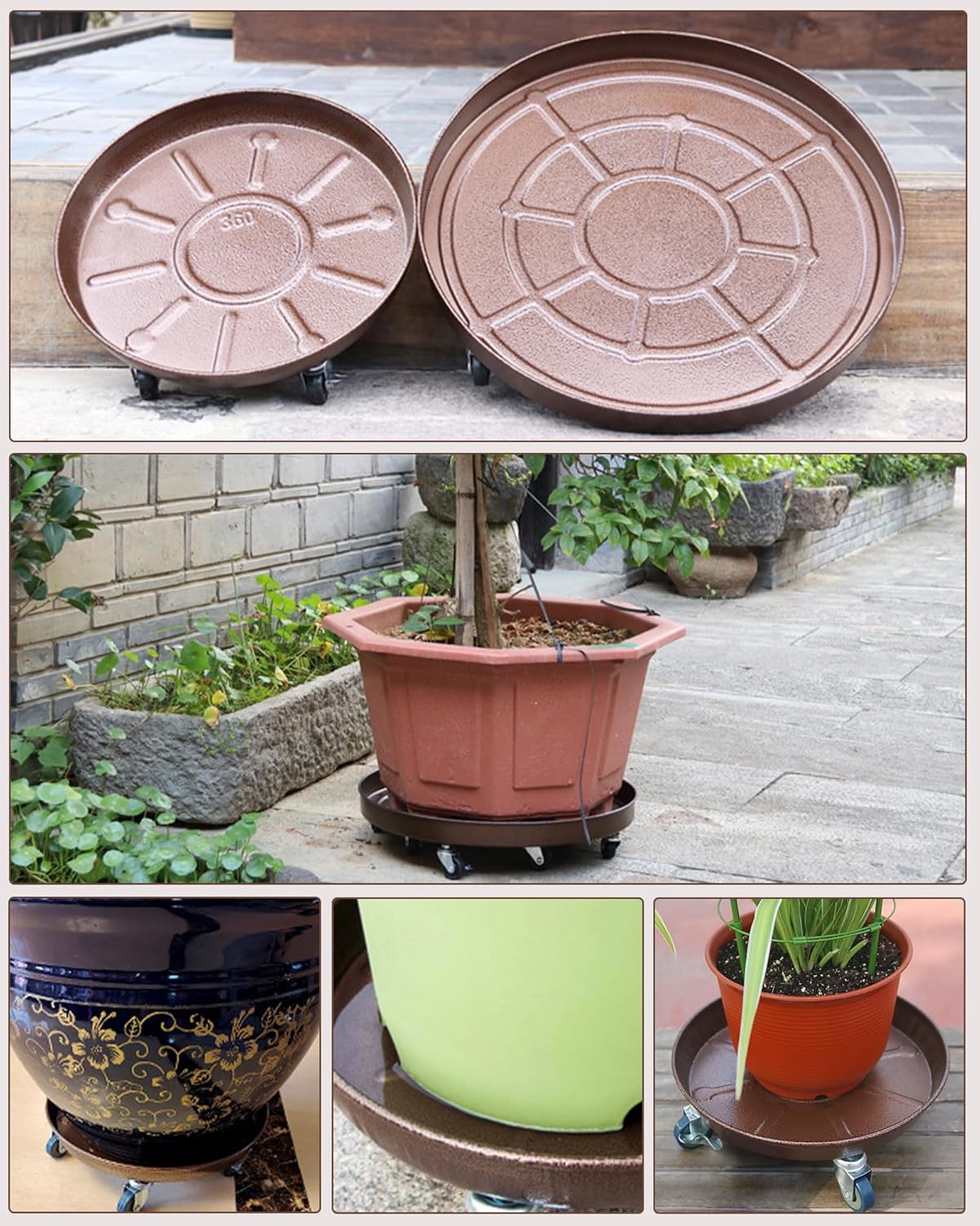 Heavy Duty Plant Caddy with Solid Rubber Wheels, Lockable, Increased Load Capacity, One-Minute Installation, Suitable for Indoor, Outdoor, Patio, Garden Settings, 16 Inches 3PACK, Brown