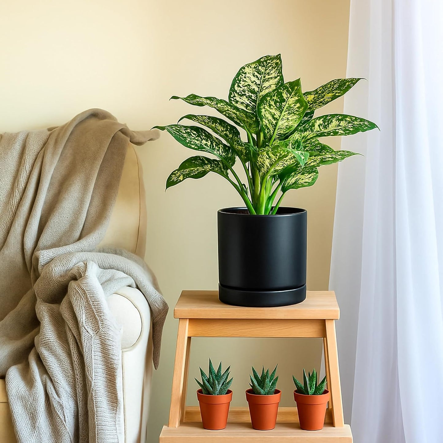 D'vine Dev 8.2 Inch Ceramic Planter Pot with Drainage Hole and Saucer, Indoor Cylinder Round Planter Pot, Black, 94-O-D-2