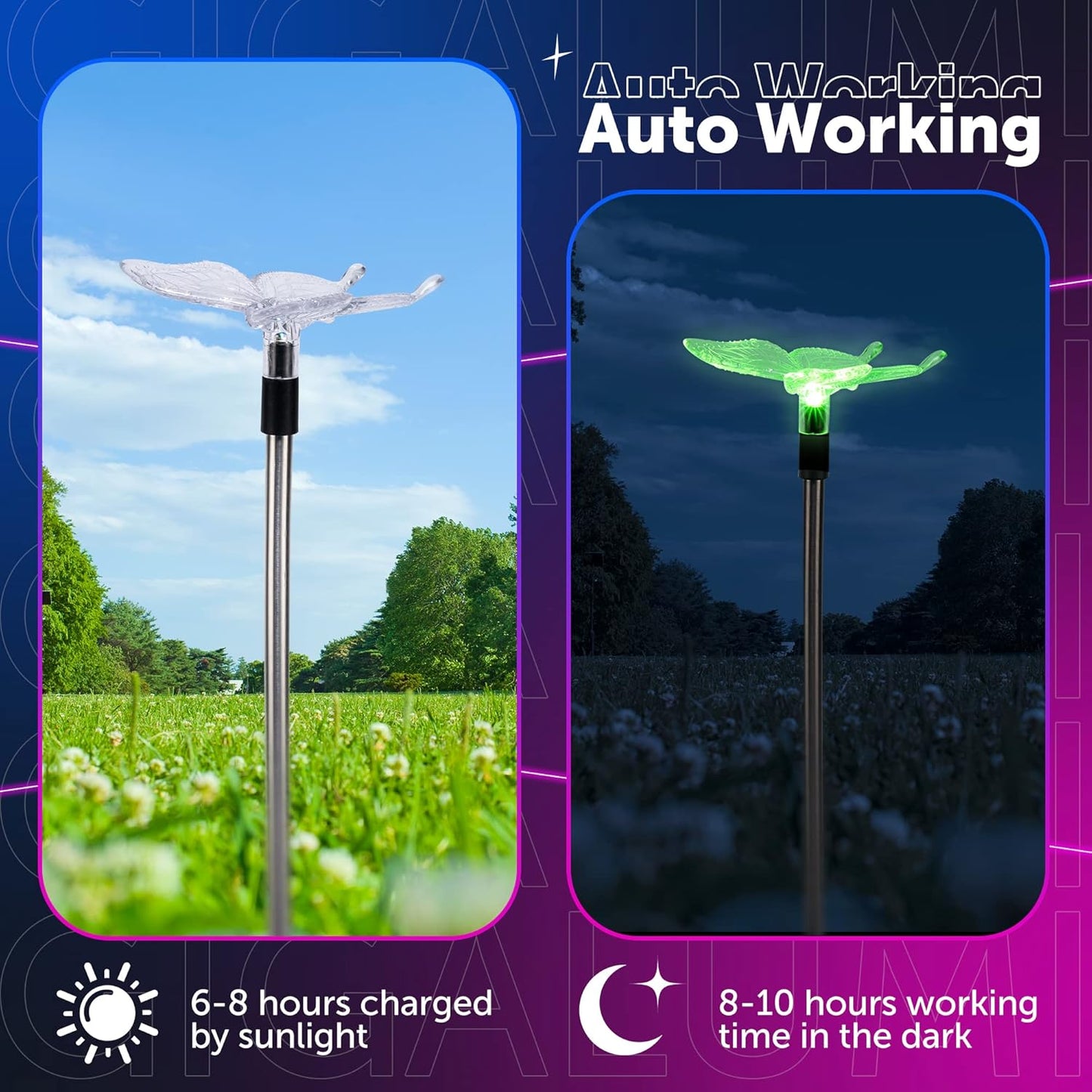 GIGALUMI Solar Garden Lights, 6 Pack Solar Butterfly Lights Decoration, Outdoor Garden Decoration Color Changing LED, Outdoor Decorative for Pathway, Lawn, Patio, Driveway