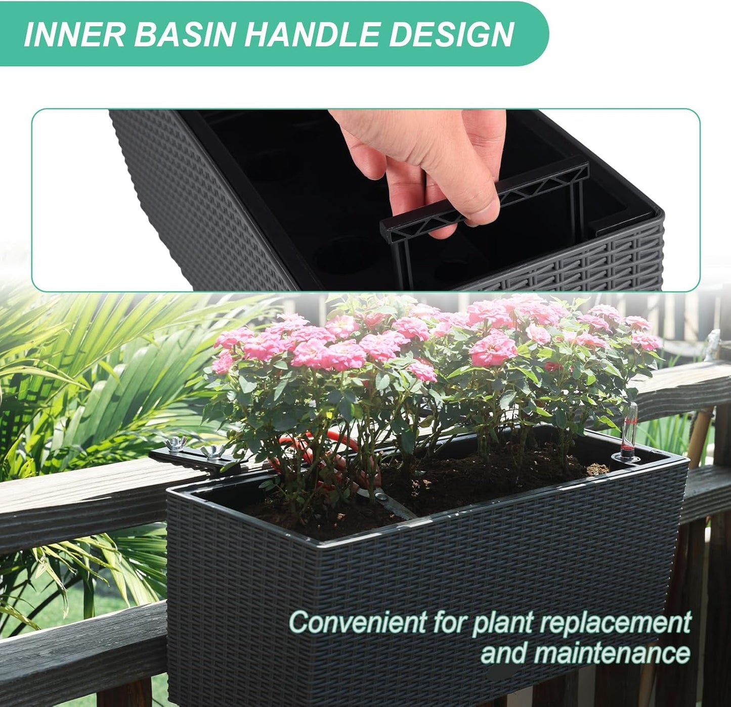 Aoodor 4Pcs 19.5" Rectangular Window Box Wall Mount/Railing Planter, Self-Watering Planter with Adjustable Bracket, for Fence, Balcony, Patio, and Outdoor Decor - Grey