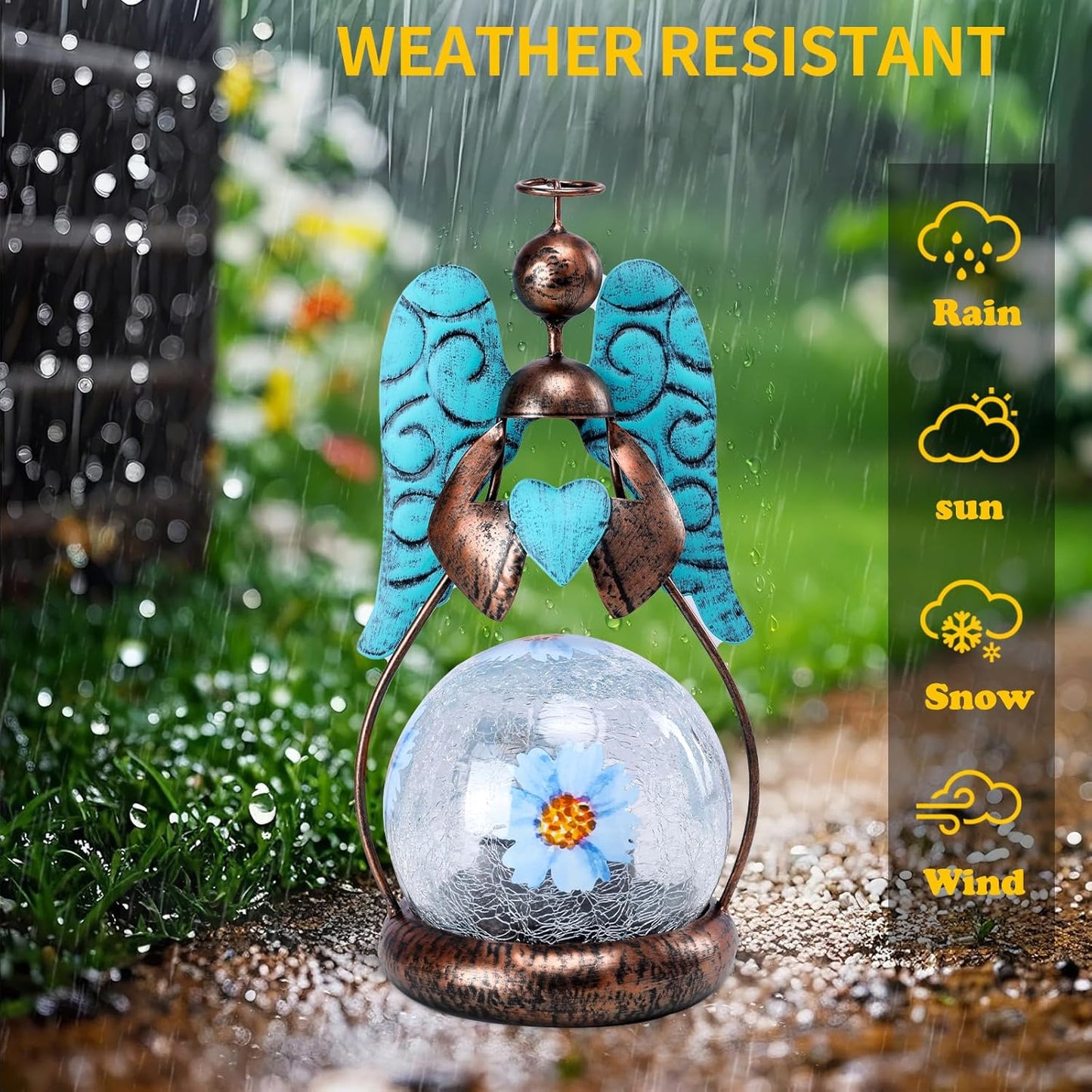 MUMTOP Angel Solar Lights Outdoor Garden - Solar Lanterns Light Decorative Waterproof with Glass Cracked Globe Tabletop Lantern Lamp Ornaments for Yard Patio Decor Gift (Hold Heart)