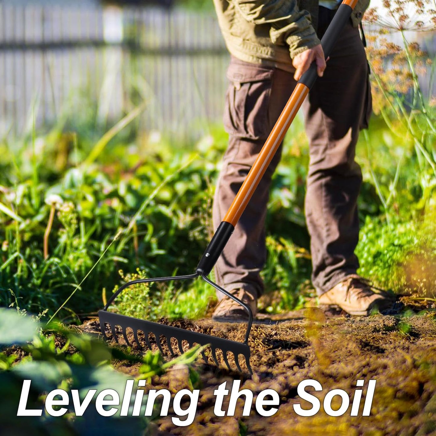 Garden Rake for Gardening, Heavy Duty Garden Rake for Lawns, 14 Tines Bow Rake with Fiberglass Handle, 58 Inches