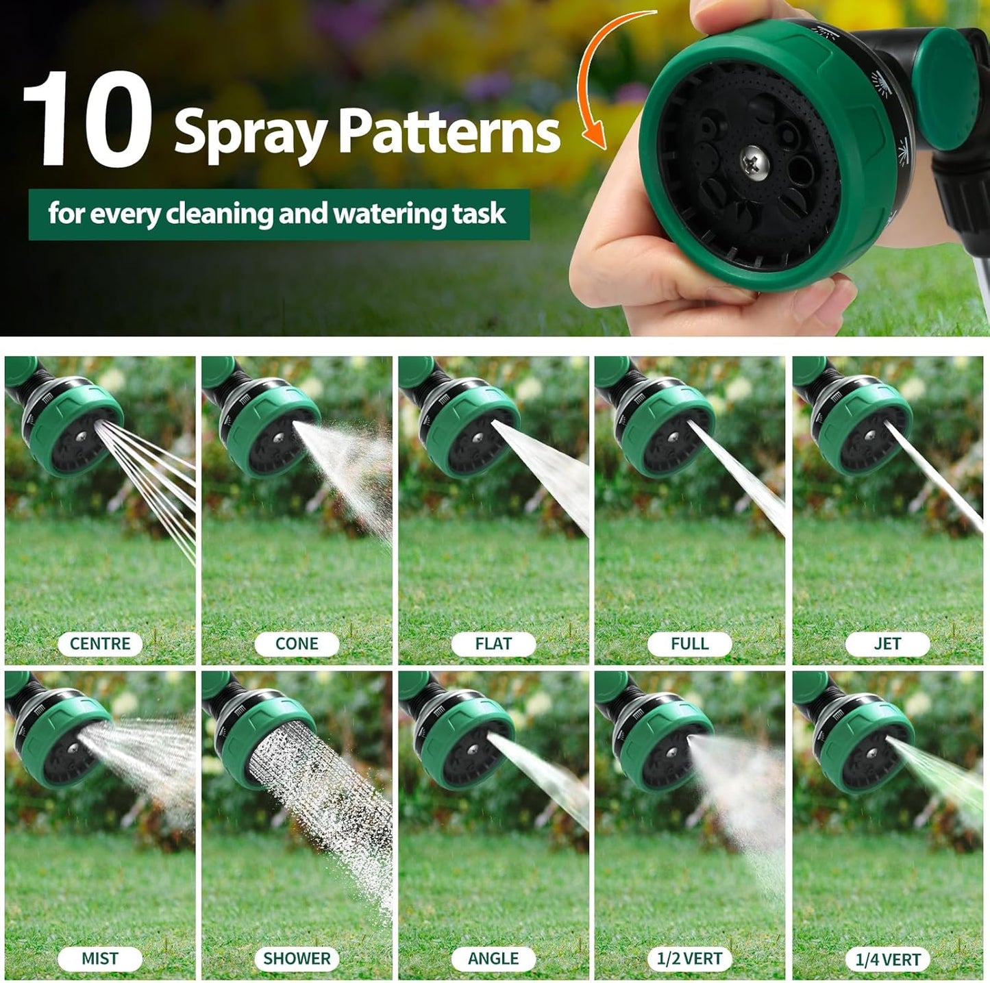 Watering Wand for Garden Hose, 30 Inch, 10 Spray Patterns, Thumb Control Garden Hose Nozzle, Adjustable Water Sprayer with Pivoting Head, Ideal for Hanging Baskets, Plants, and Shrubs, Green