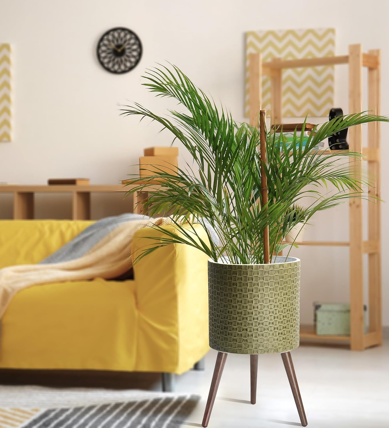 D'vine Dev 14 Inch Modern Geometric Tile Patterned Sleek Planter Pot with Stand, Indoor Outdoor Decorative Plant Holder, Distressed Olive, 88-Z-D-4