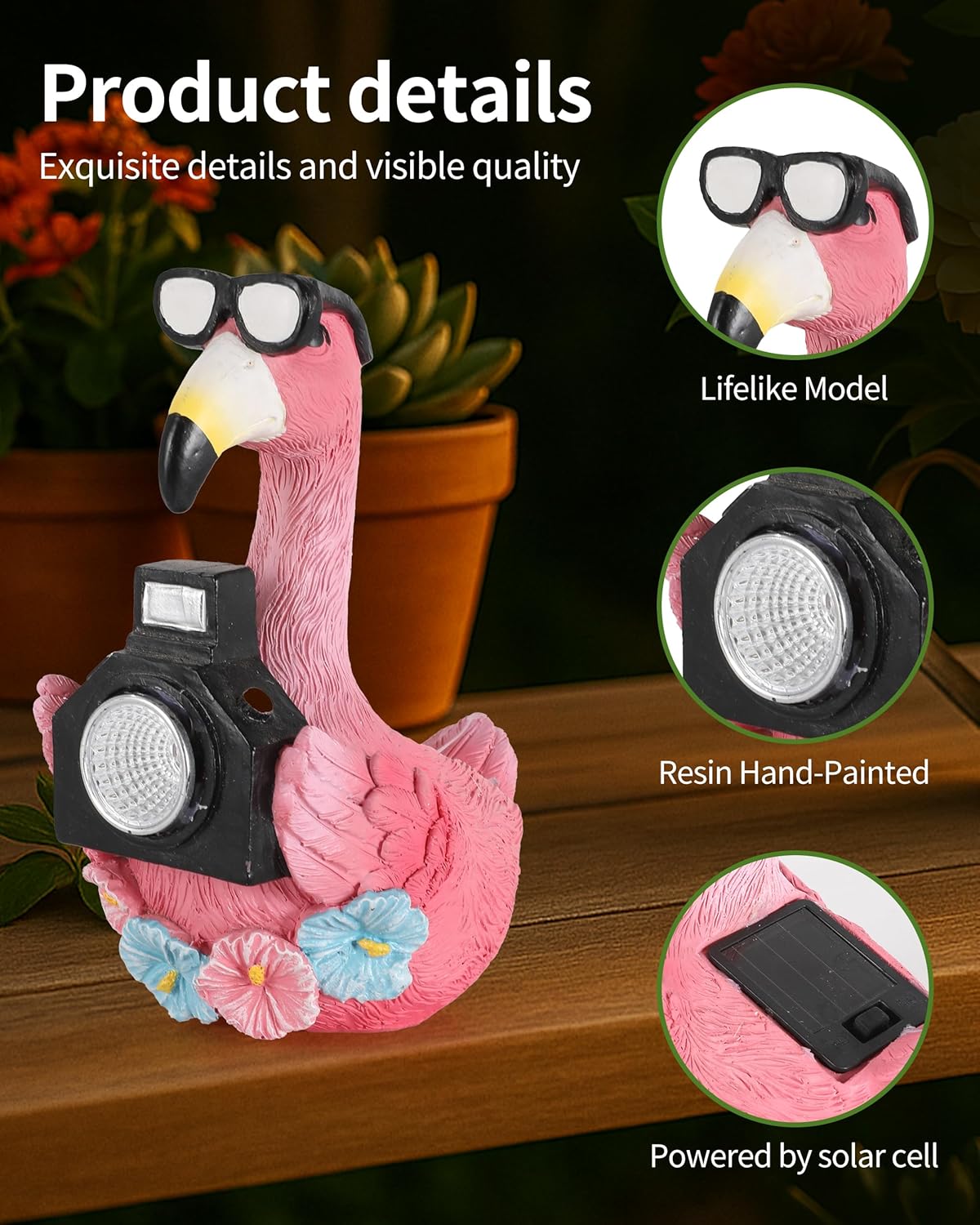 Solar Flamingo Garden Statue with Camera Light – 5.5in Tall Solar Powered Outdoor Figurine for Yard, Patio, Balcony – Funny Garden Decor, Gift for Women (Flamingo)