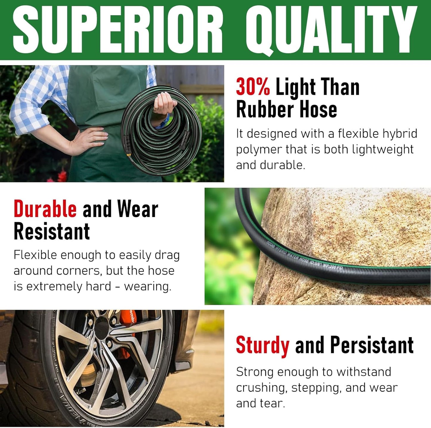 Heavy Duty Garden Hose 35ft, NON-EXPANDABLE Flexible Water Hose, Kink Resistant Lightweight Hybrid Hose, Leakproof Hose Male to Female Fittings