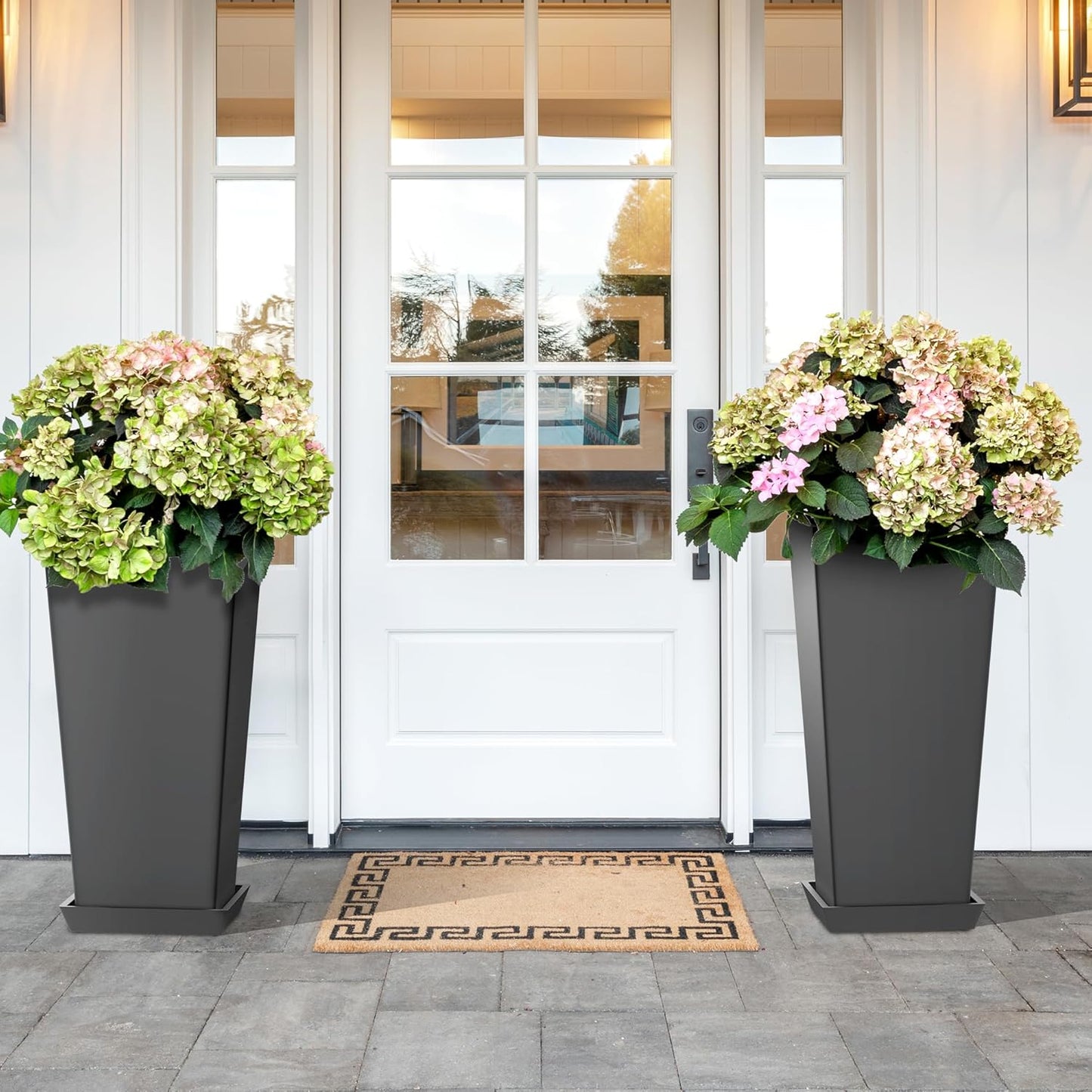 Set of 2 Tall Planters, 24" Large Indoor Outdoor Flower Pots with Tray, Modern Tapered Planters for Porch, Patio, Garden, Backyard