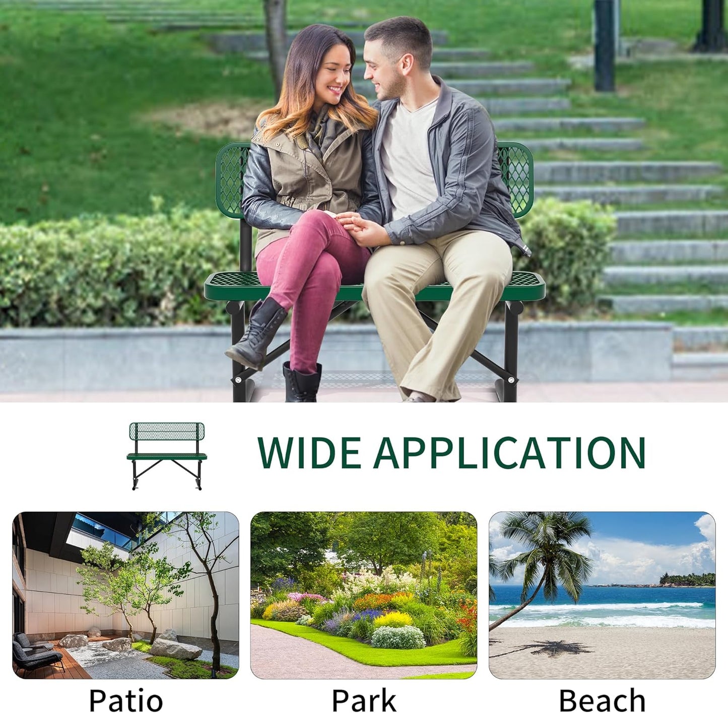 4 Feet Heavy Duty Metal Park Bench for Outside, Outdoor Bench with Backrest & Portable Frame, Commercial Benches for Shopping Malls, Stores, Parks, Patios, Decks, Green